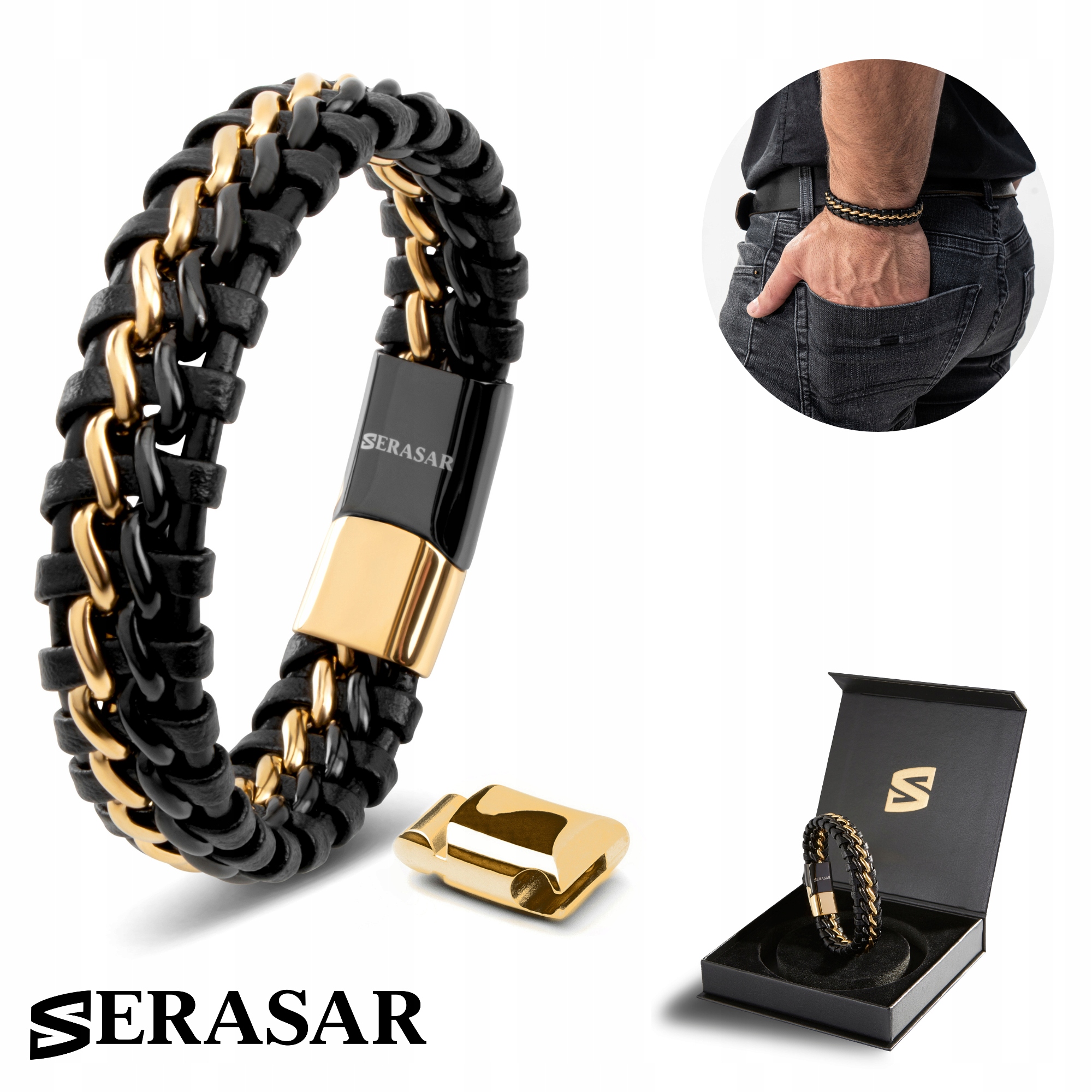 Serasar, Pánský kožený náramek [Steel] Zlato/Černé, 23 cm