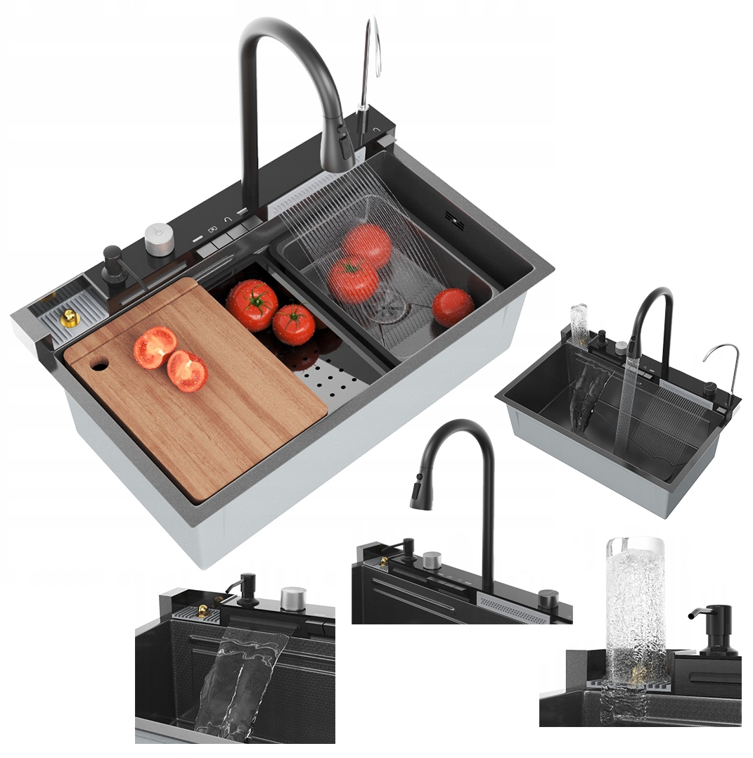 Drez Gun Grey oceľový, Set, umývadlo s Kaskádovou Batériou, Multifunkčný