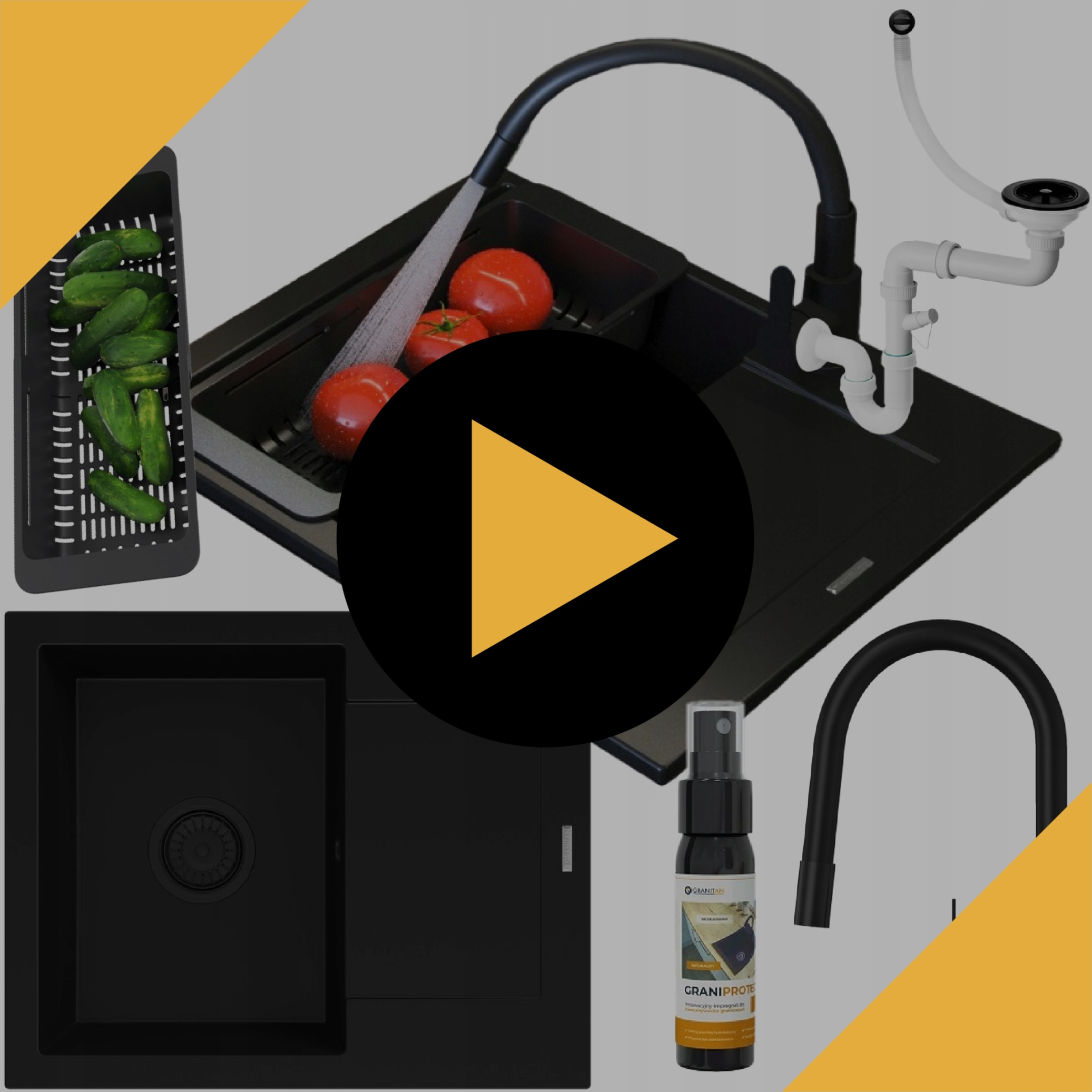 ZLEWOZMYWAK granitowy czarny jednokomorowy BELLO Zestaw Zlew bateria syfon Kolor czarny