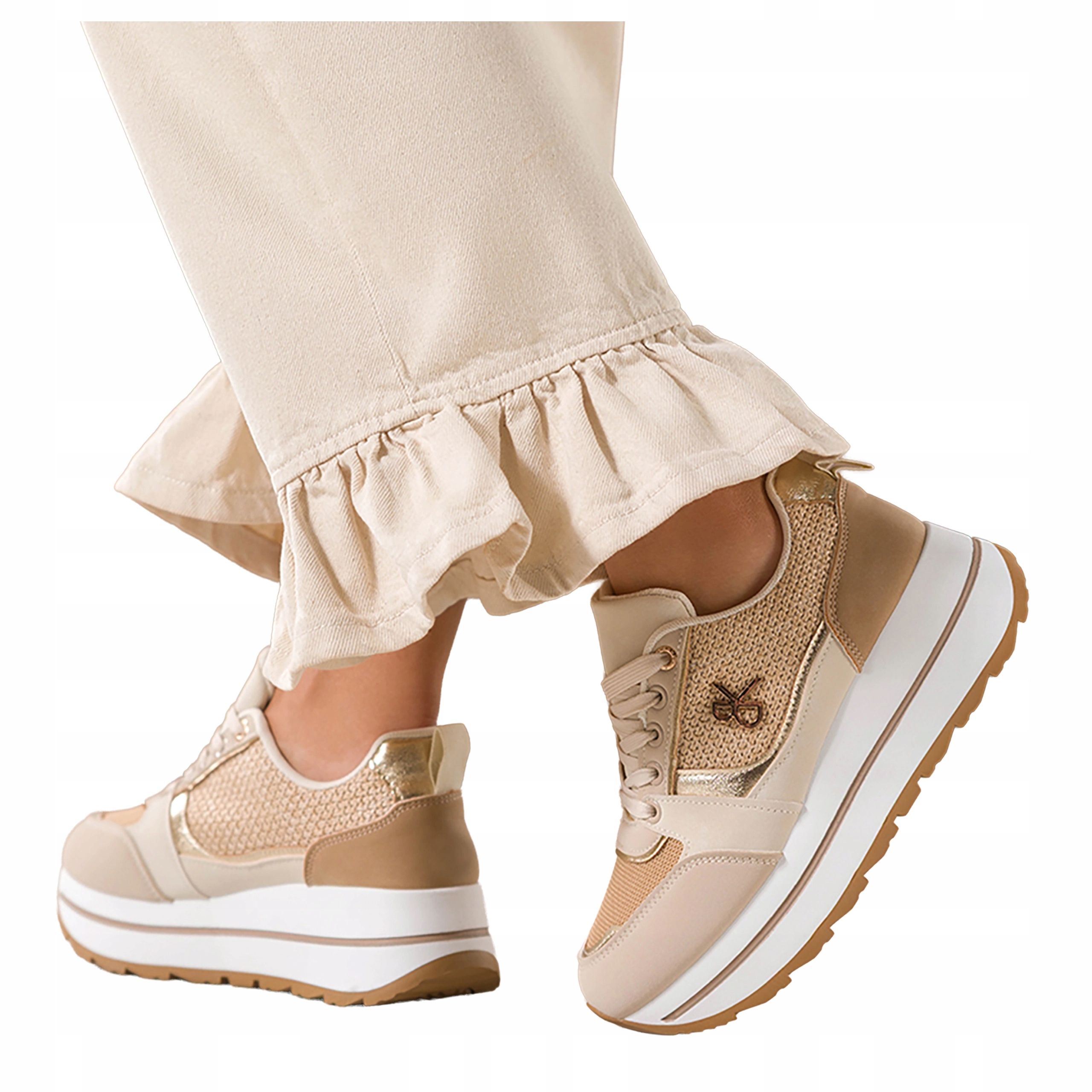 Sneakersy Béžové Dámské Sportovní Drážkované Platforma Šněrovací Ozdoba vel 37