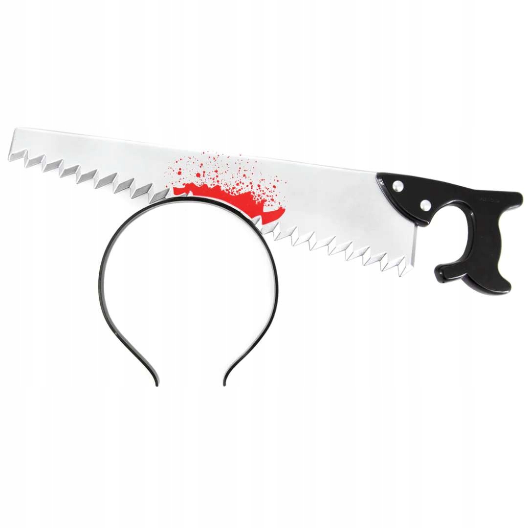 OPASKA PIŁA wbita w głowę krew HALLOWEEN horror strój kostium zombie