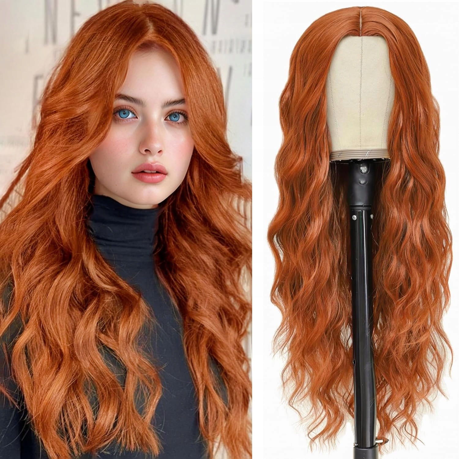 Syntetická paruka zrzavé dlouhé vlnité vlasy 71 cm s ofinou curtain bangs