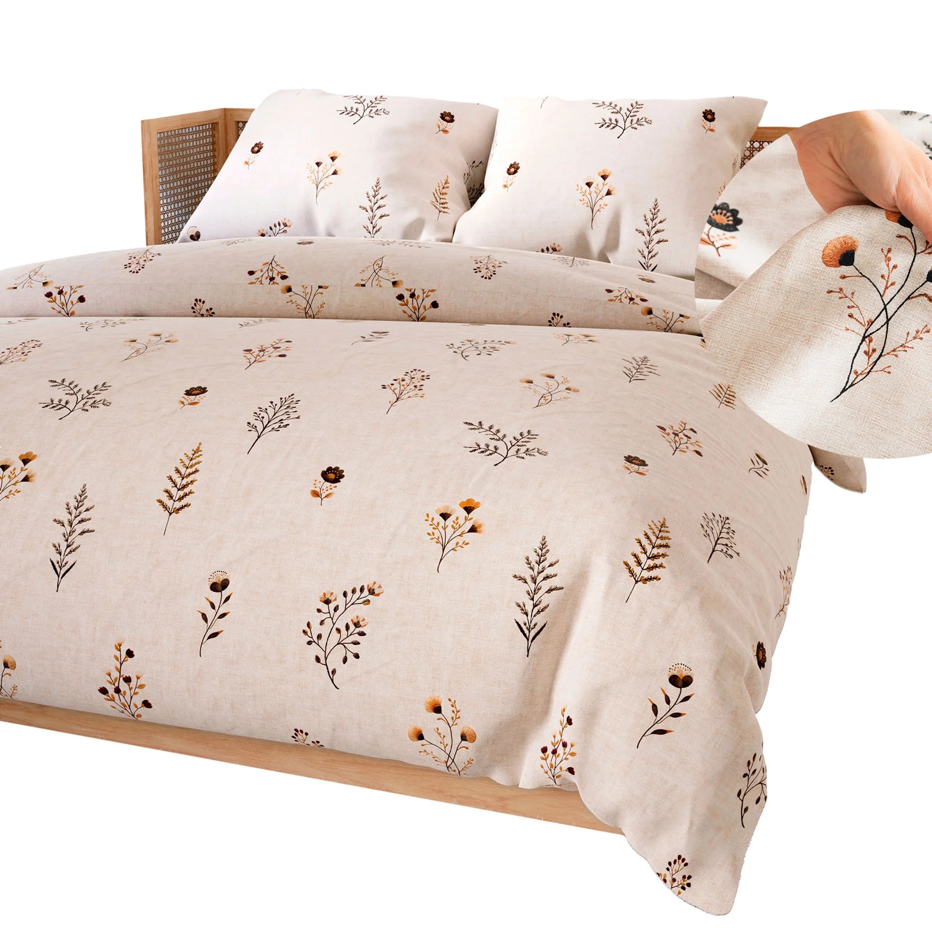 Povlečení z bavlněného saténu Dusoria jemné květy bylinky béžová boho 220x200