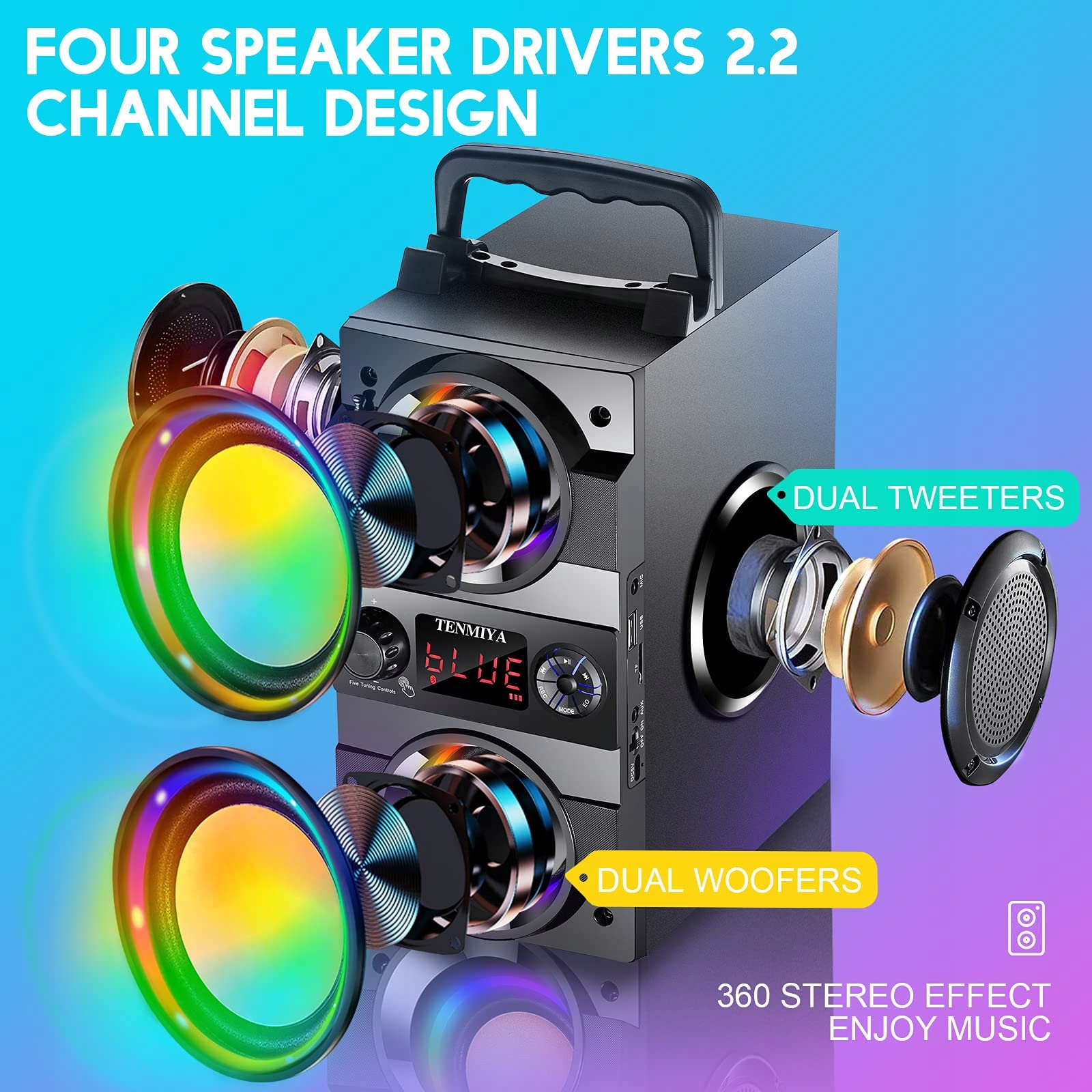 BLUETOOTH GŁOŚNIK 40W PRZENOŚNY Z OŚWIETLENIEM BEZPRZEWODOWY STEREO BASS — miniatura 3
