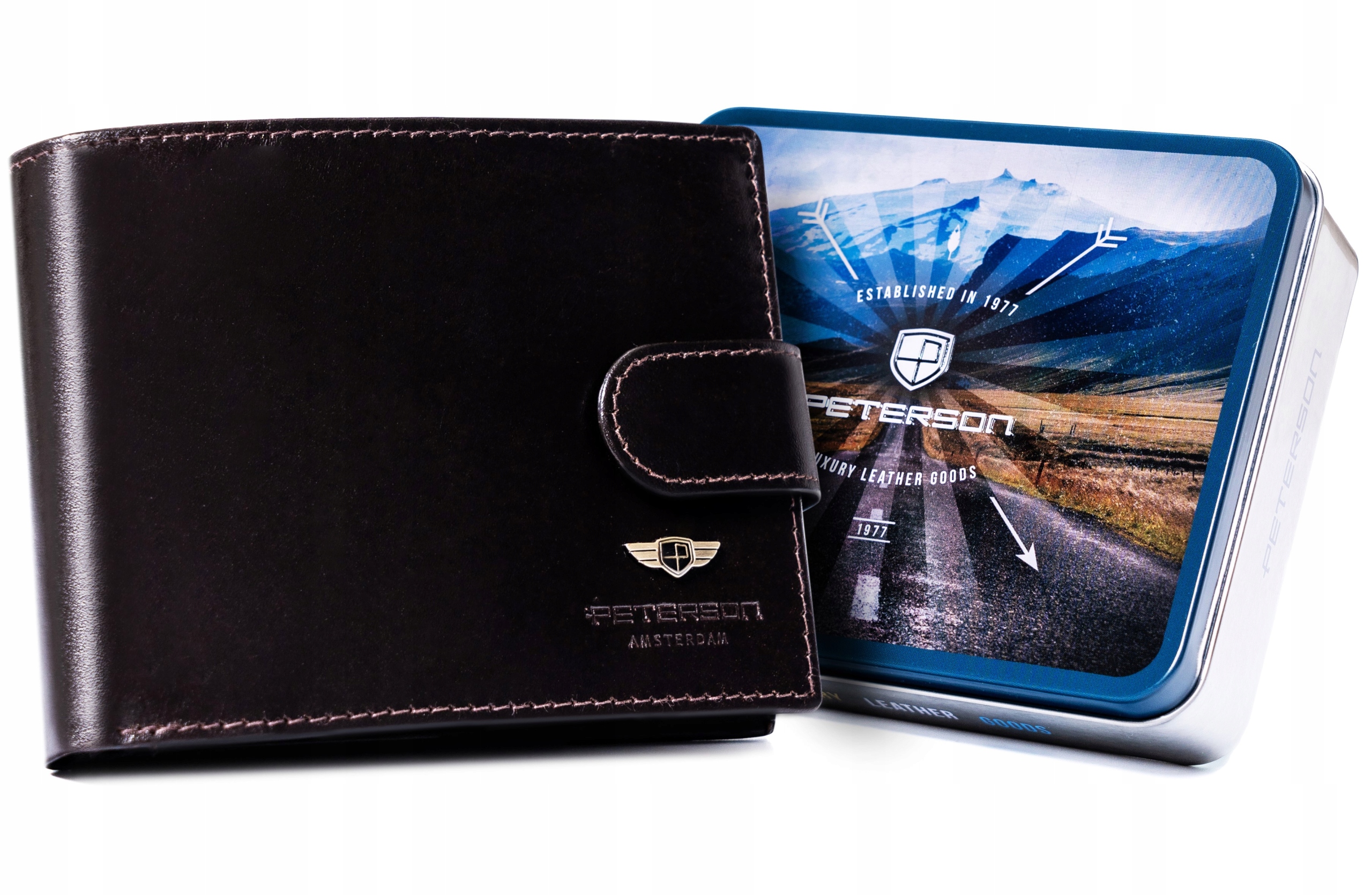 Skórzany męski portfel Rfid antykradzieżowy brązowy pojemny Peterson