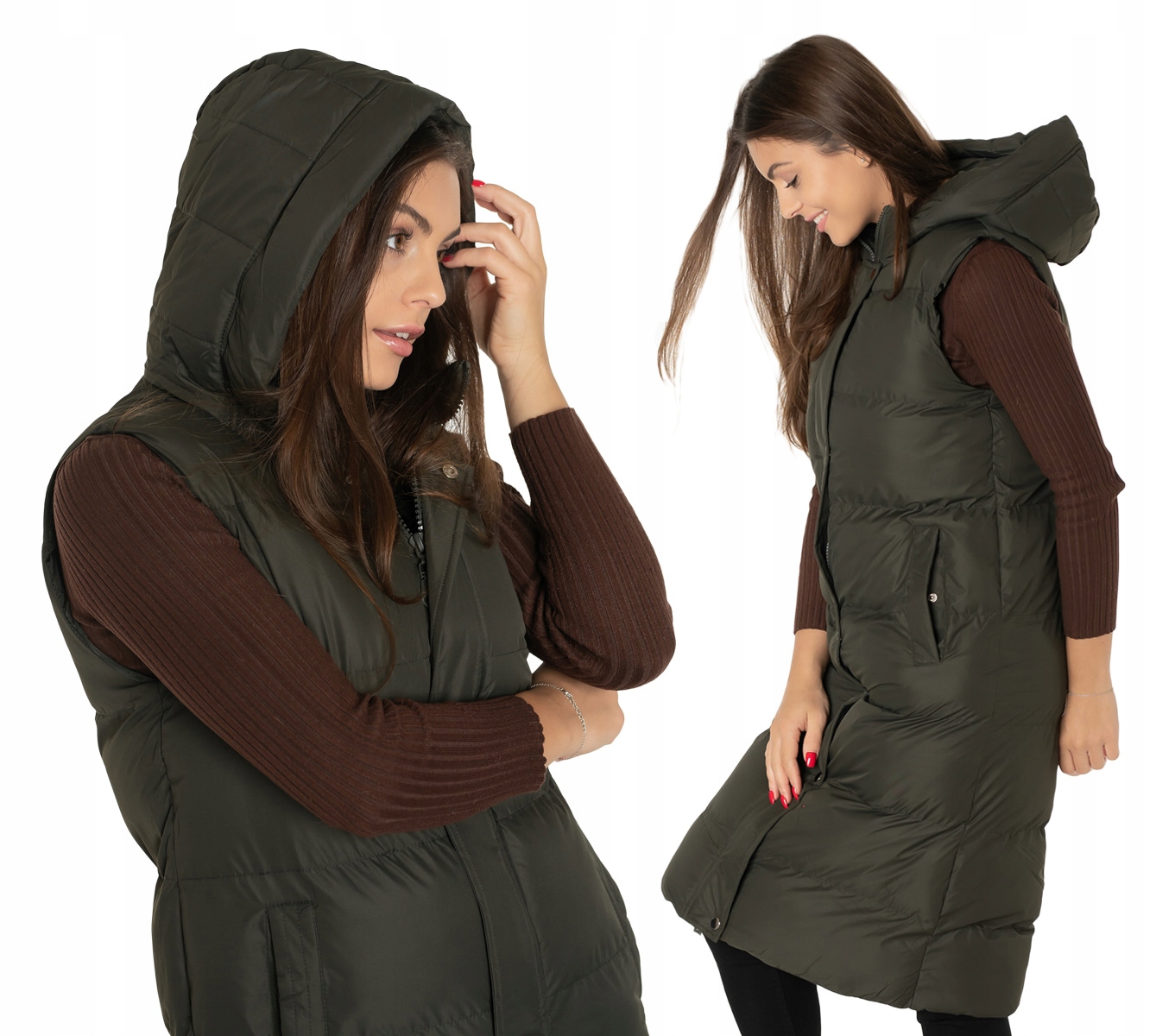 Dlouhá teplá dámská péřová vesta s zateplenou Kapuce Vesta 728-2 S