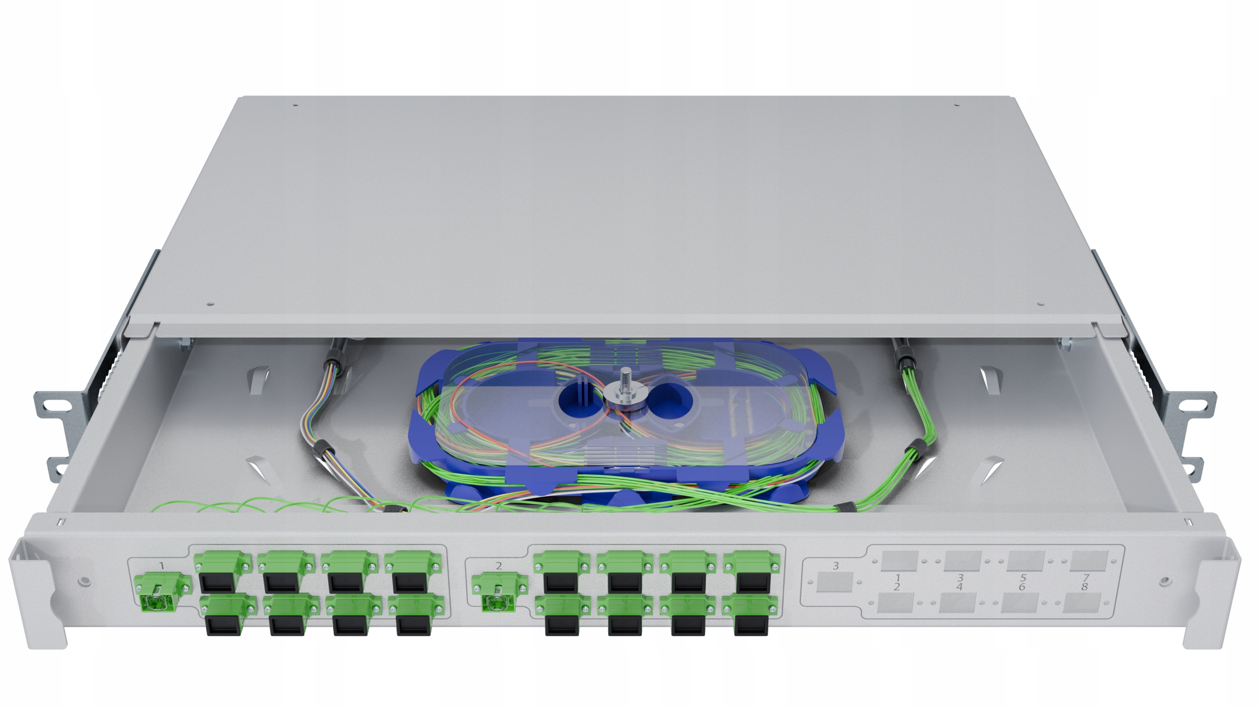Optický přepínač Rack 19" 1U 3x1:8 Plc Sc/apc Skříň Šuplík