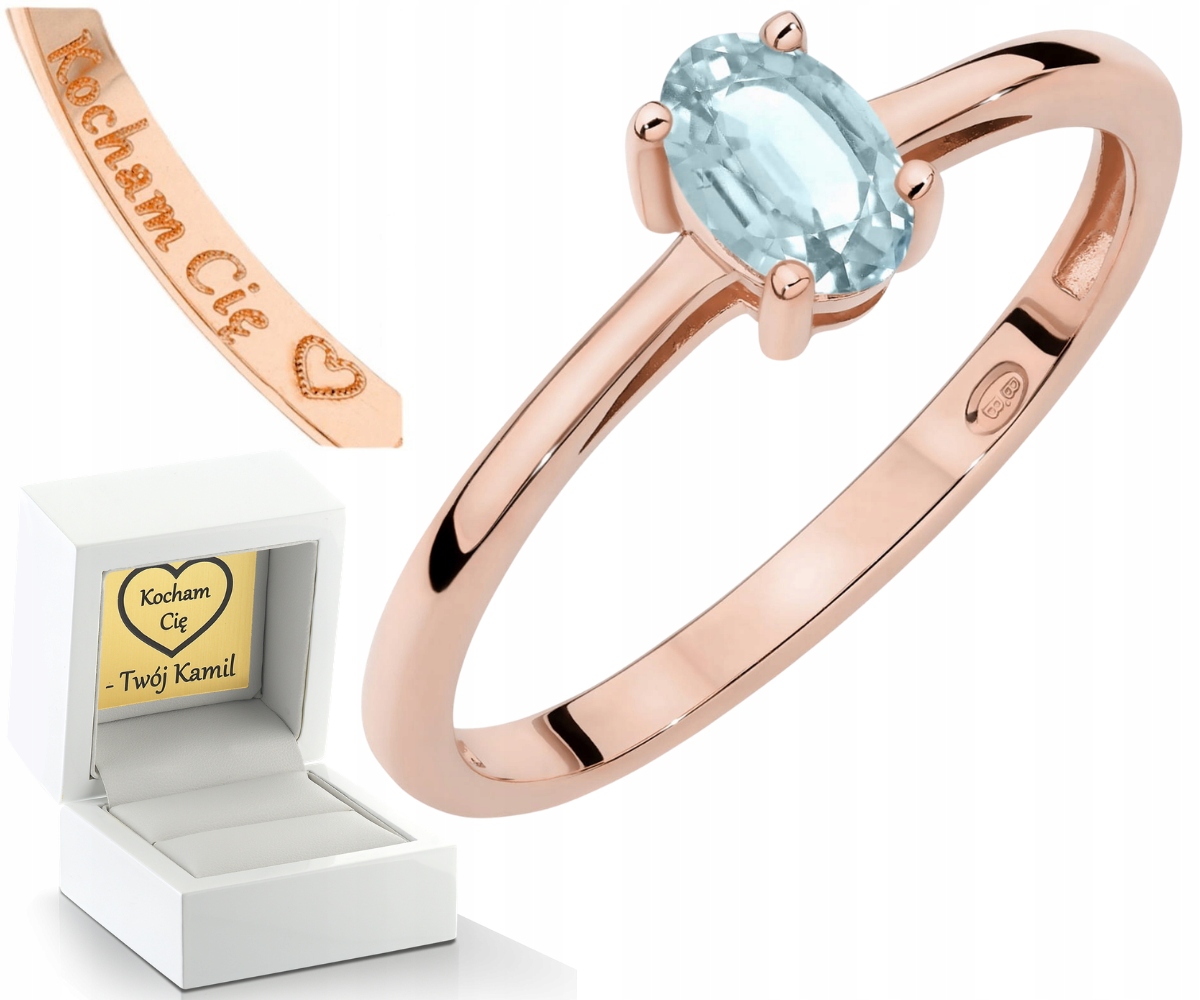Růžové Zlato Prstýnek Přírodní Kámen Akvamarín Drť 585 14K
