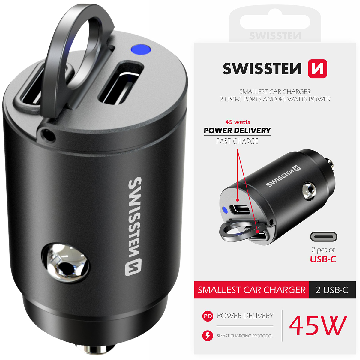 Swissten Szybka Ładowarka Samochodowa 2x Usb-c 45W