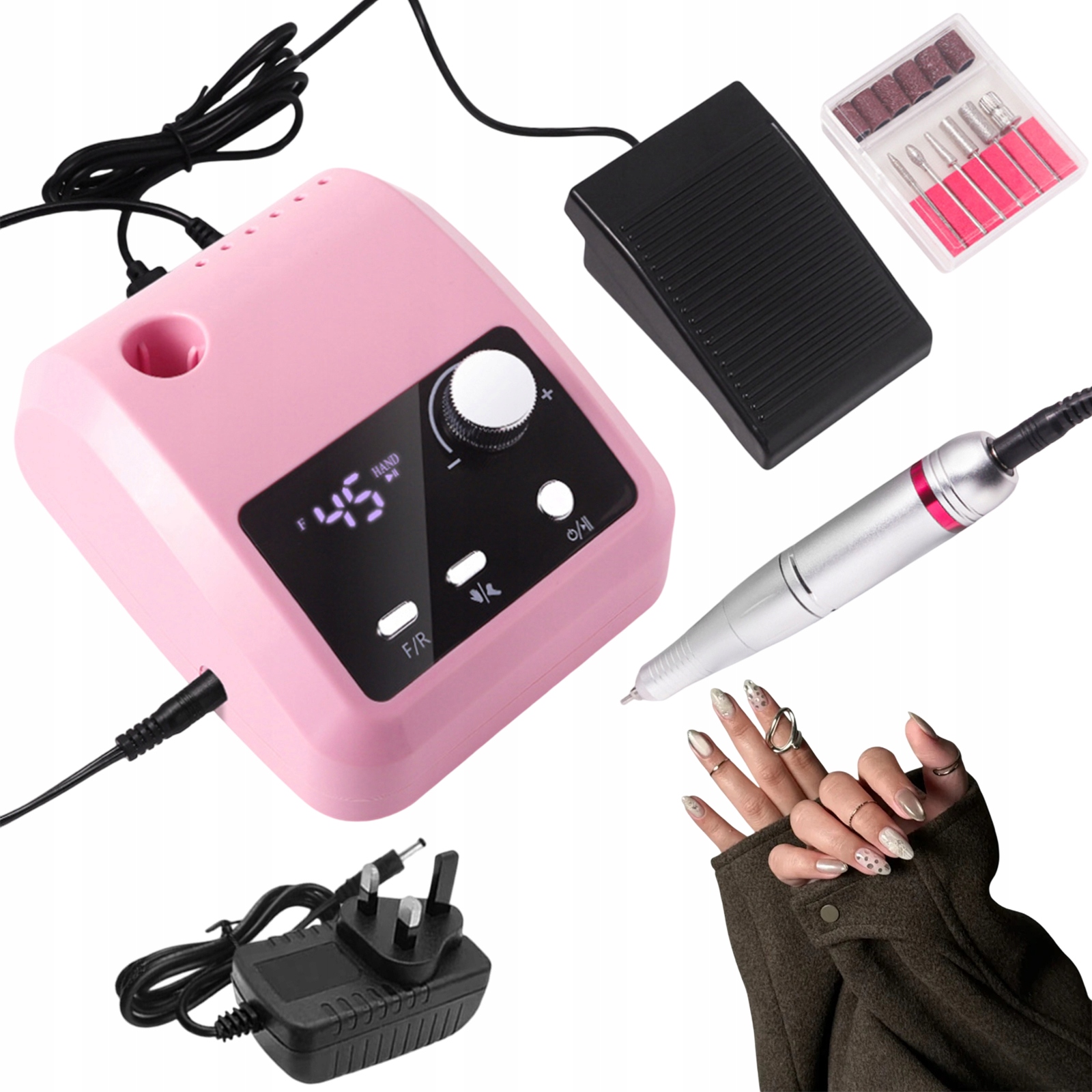 Bruska Na Nehty 45000 Ot/min Elektrická S Nožním Pedálem, Růžová