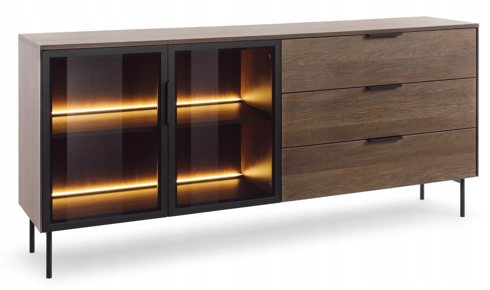 Dvoudveřová prosklená komoda Lumi s třemi zásuvkami 181 cm dub dunin Led