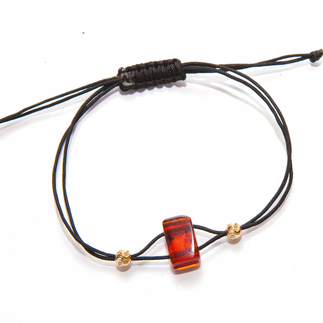 Náramek na provázku s jantarem a kuličkami ve zlatě 585 černý