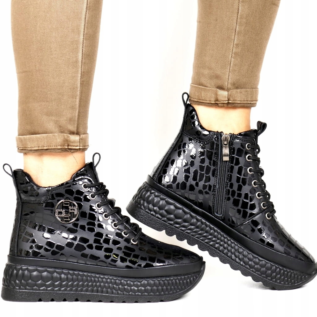 Dámské Kotníkové Boty S Platformou A Silnou Podrážkou, Černý Lak Na Kotníky