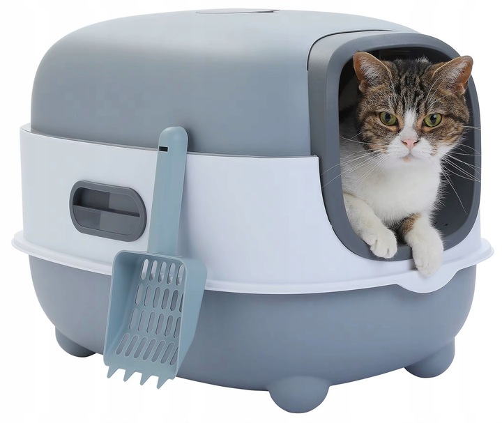 Levně Toaleta pro kočky Velká 54 cm Uv Uzavřená toaleta na stelivo šedá Lopatka HT01