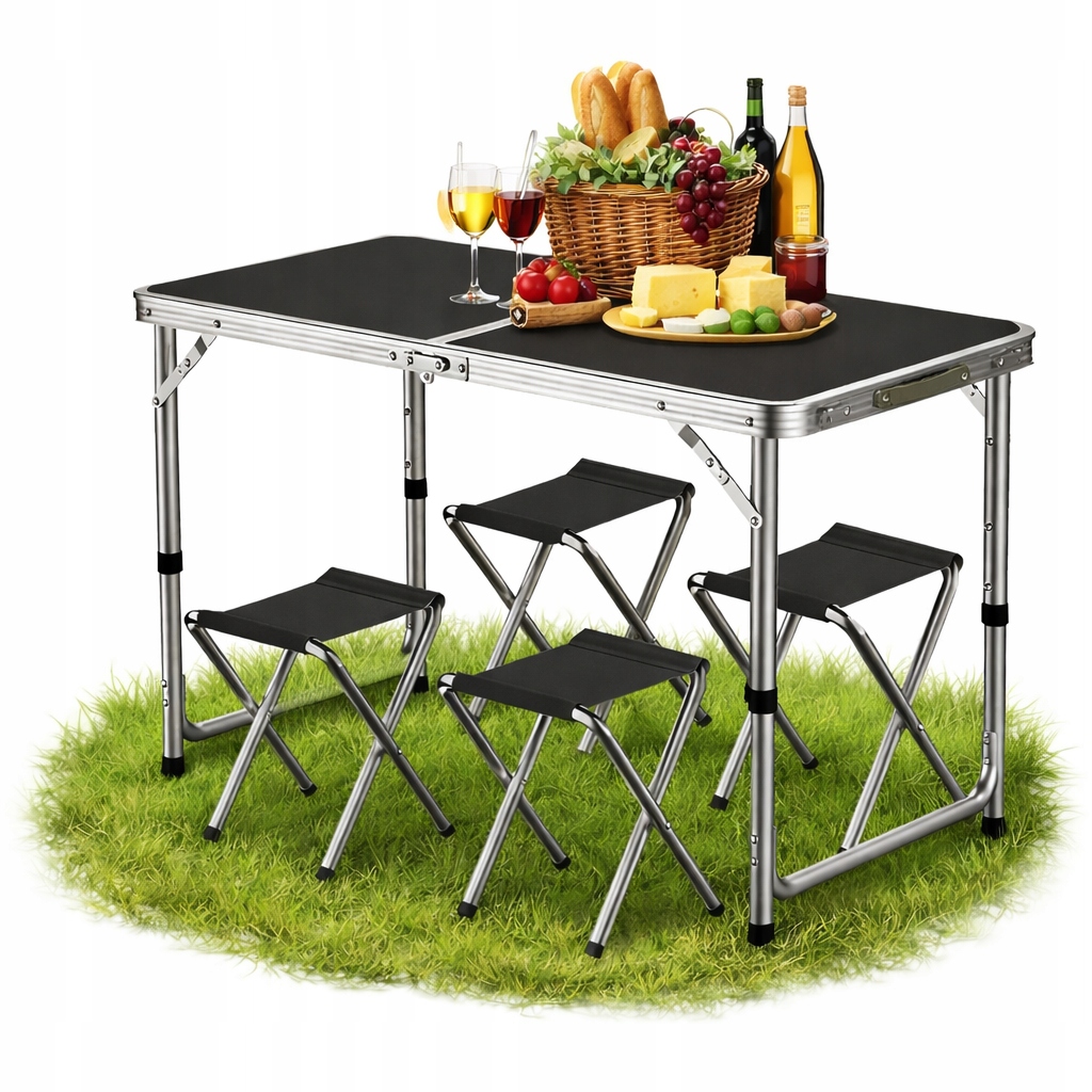 Turistický Stůl 4 Židle Skládací Kufr Nastavitelný 120 CM Černý