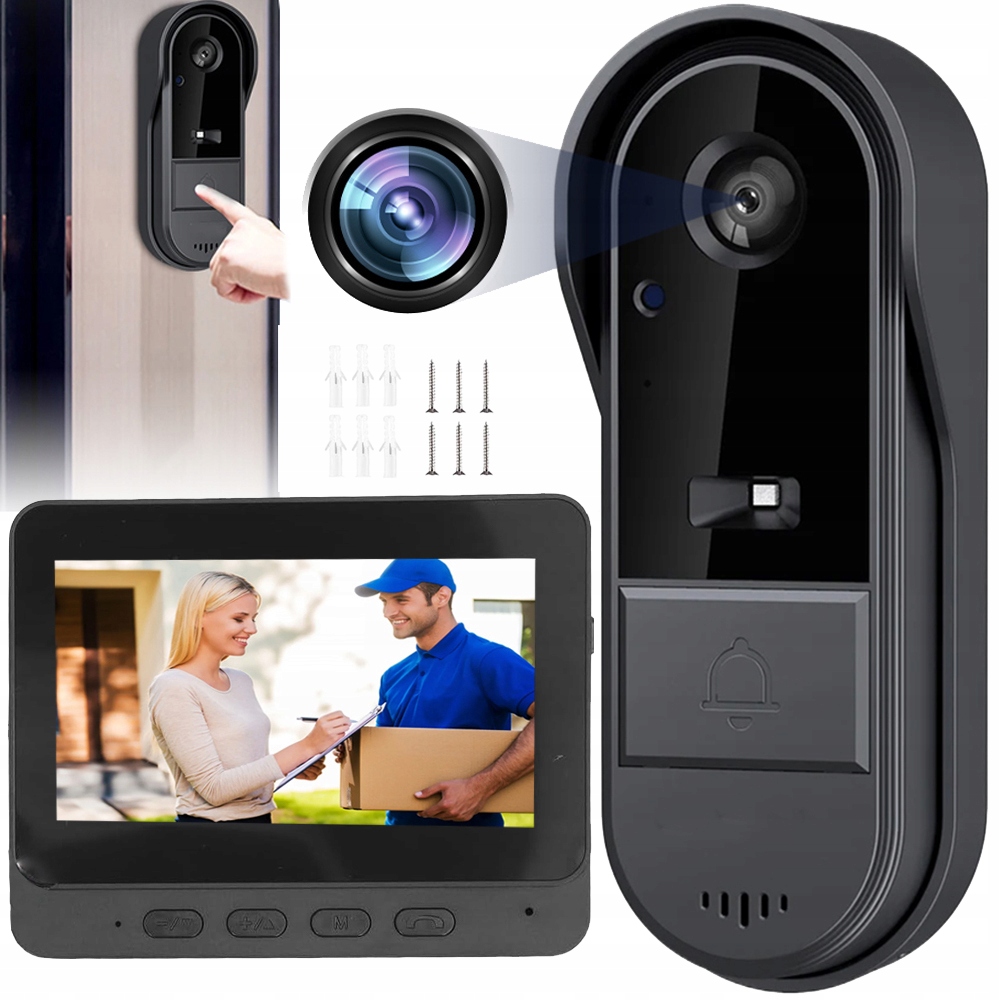 Bezdrôtový Zvonček, Videokamera, Bluetooth Interkom, IP65, Čierny Monitor
