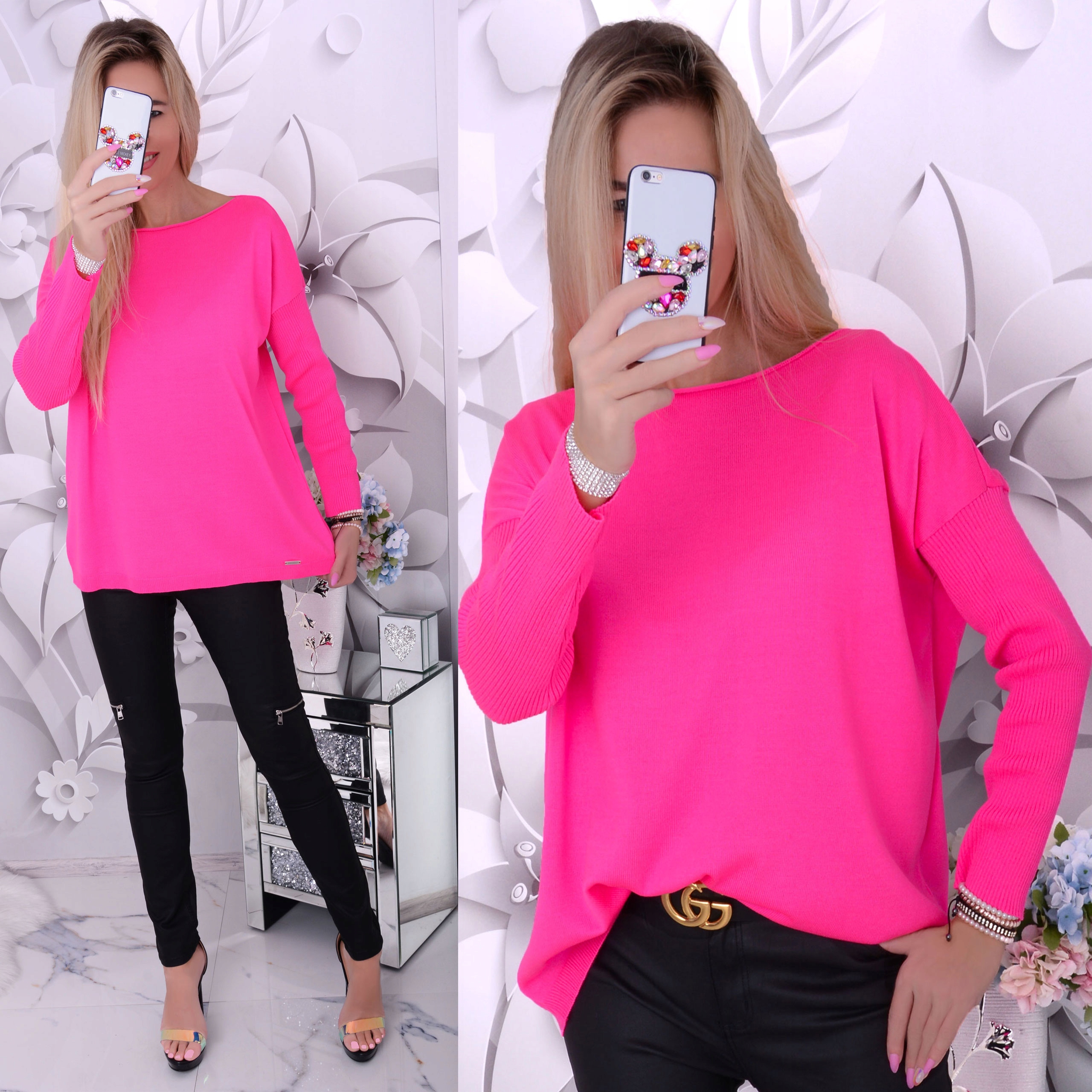 

Modny Sweter Neon Fuksja Luźny Sweterek Róż 622