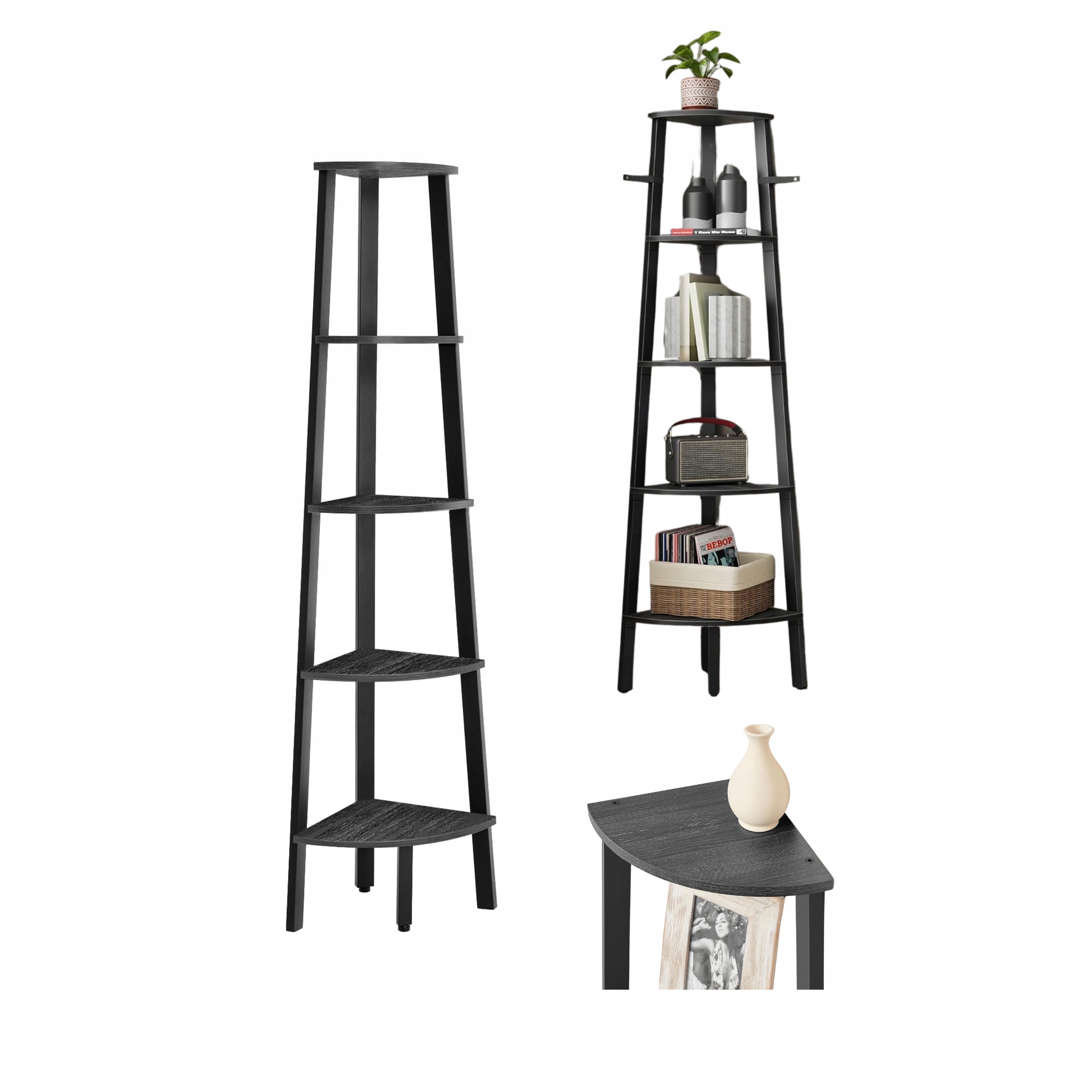 Regál do rohu, industriálny štýl, 159 cm, kniha