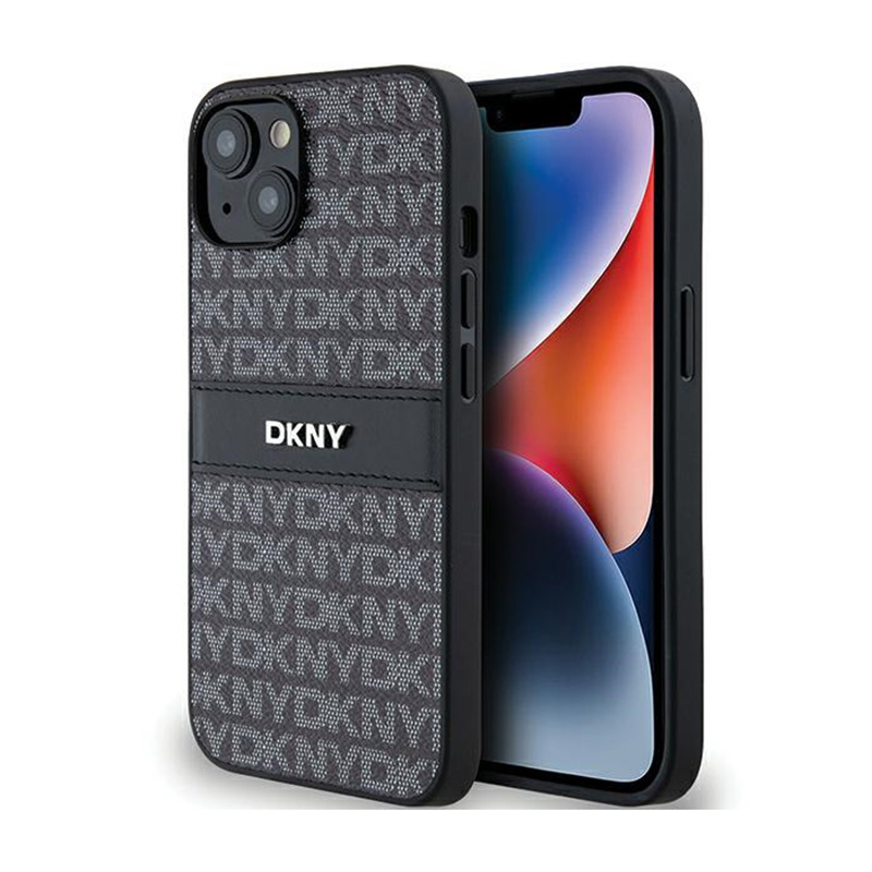 Dkny Leather Mono Stripe & Metal Logo Pouzdro pro iPhone 14 15 13 (černé)