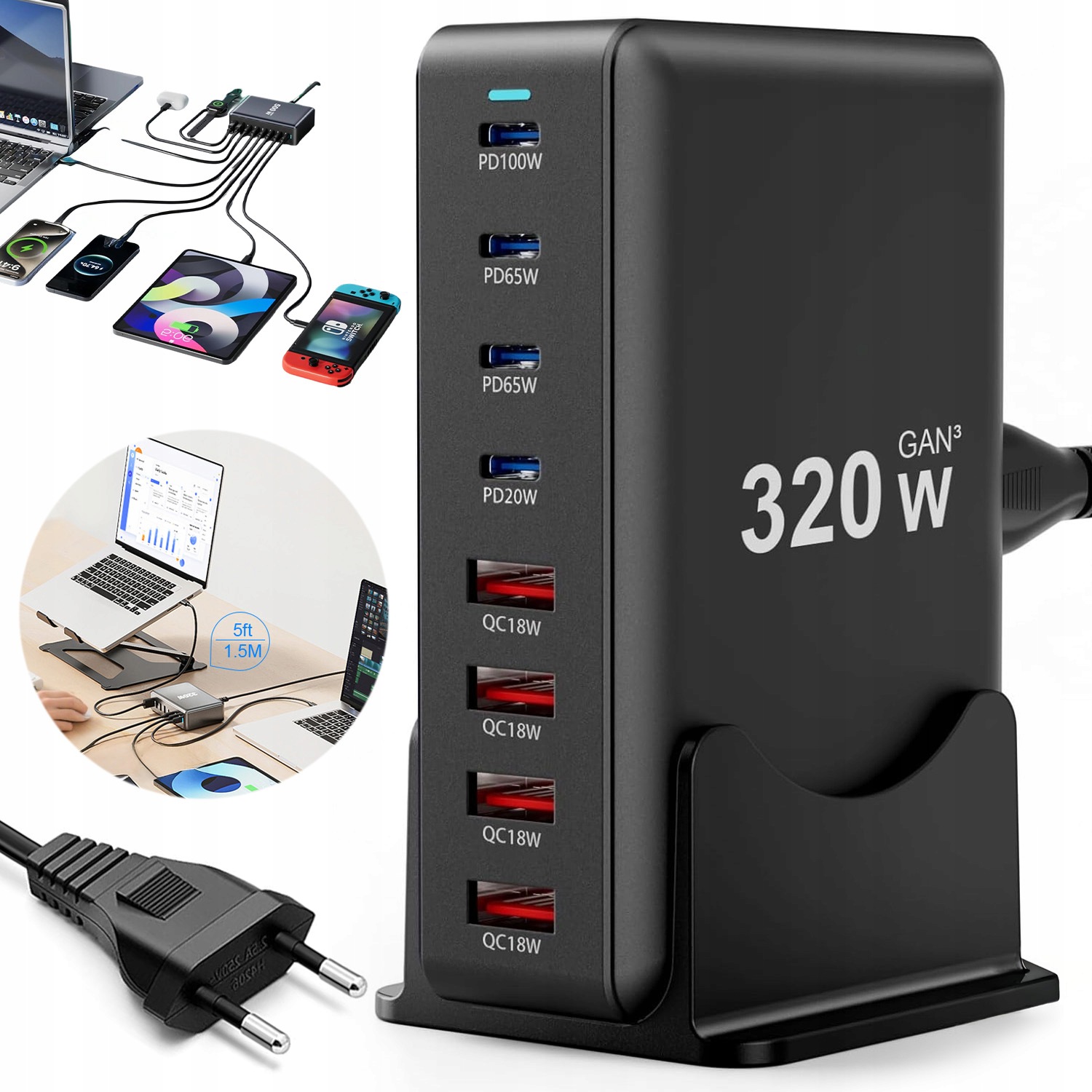 Rychlá Síťová Nabíječka Gan 320W 4X Usb-c Usb – Rychlé Nabíjení, Silný Výkon
