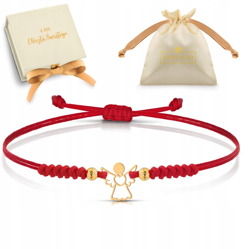 Złota Bransoletka Z Aniołkiem Na Sznurku Makrama 585 Grawer