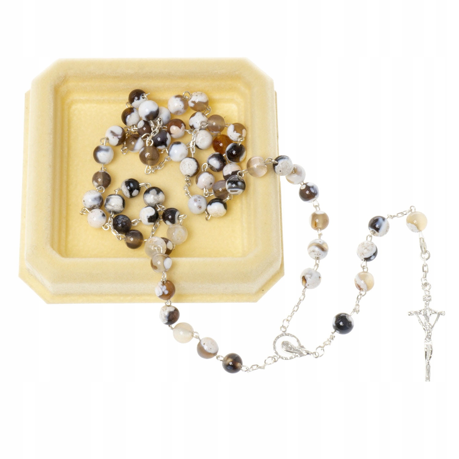 Stříbrný růženec z kamene Agát dračí oko hnědý 925 dárek na přijímání