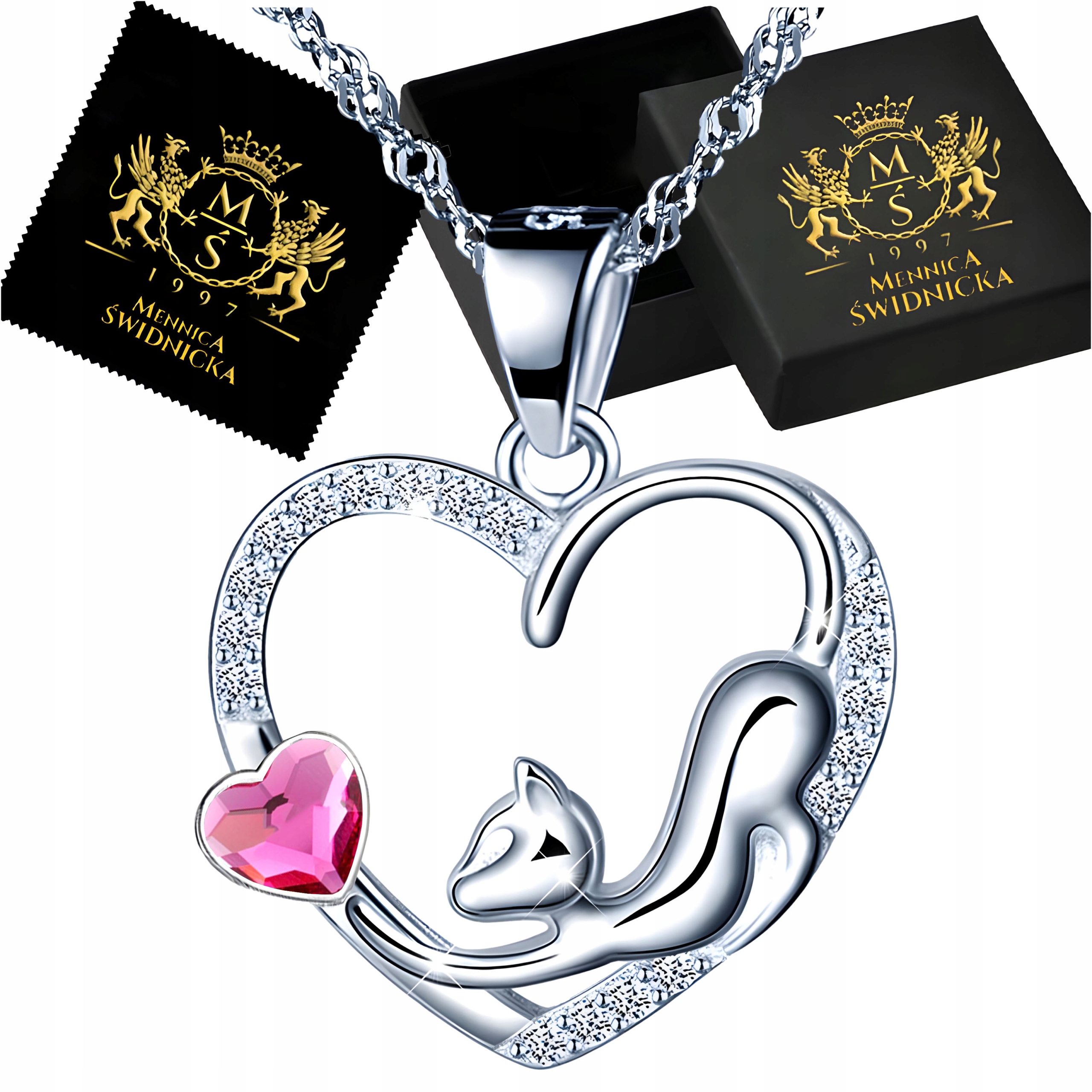 Stříbrný náhrdelník Kočka Srdce Přívěsek Řetízek Dárek pro maminku, manželku, dceru