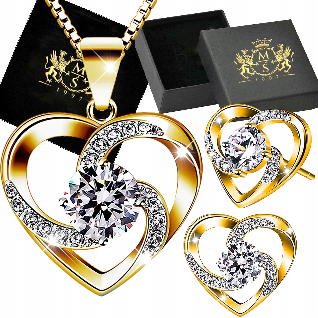Sada šperků Zlaté Stříbro 925 Srdce Řetízek Náušnice Na tyčkách