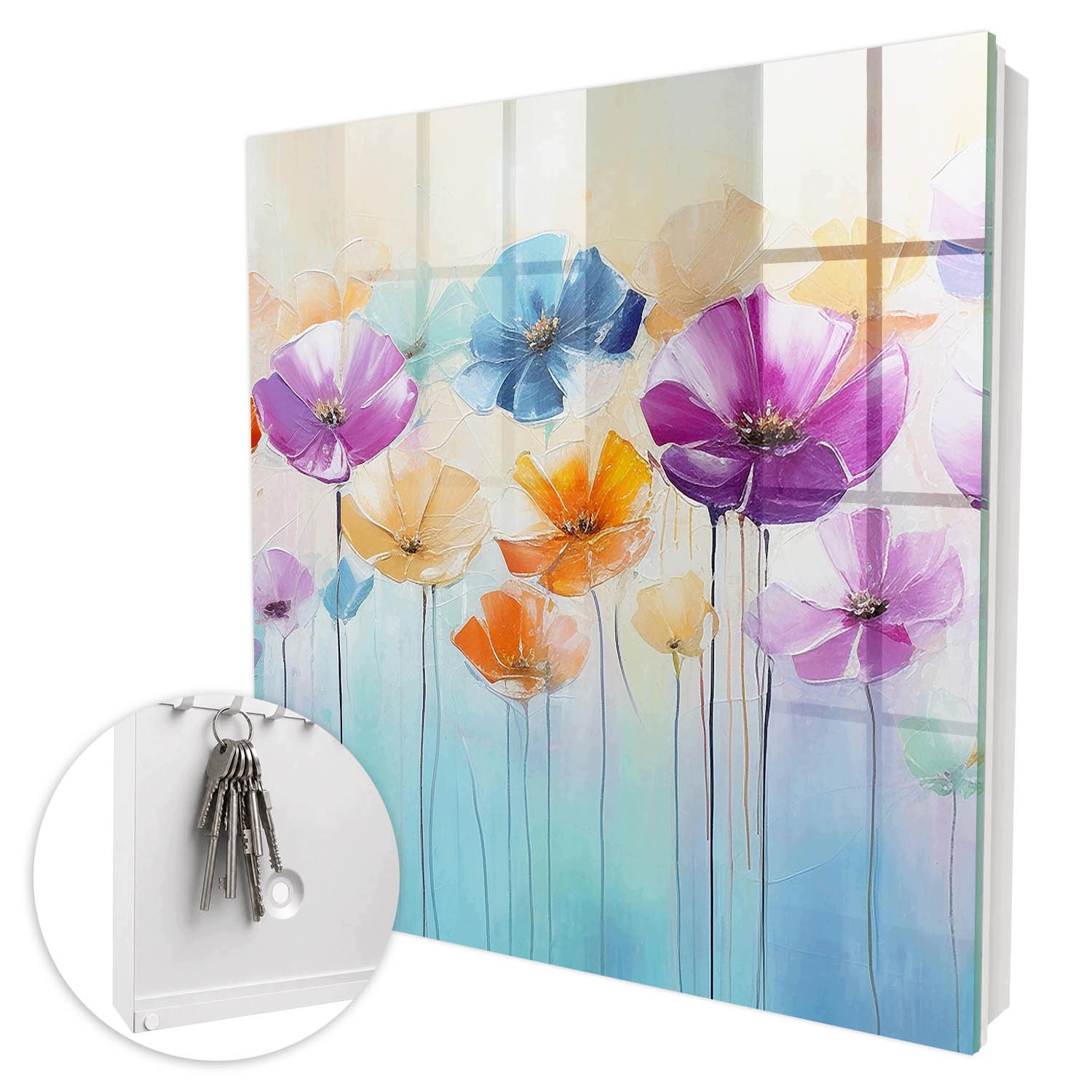 Nástěnná skříňka na klíče Ozdobná Barevné Květiny Bílá Pravá 30x30 cm