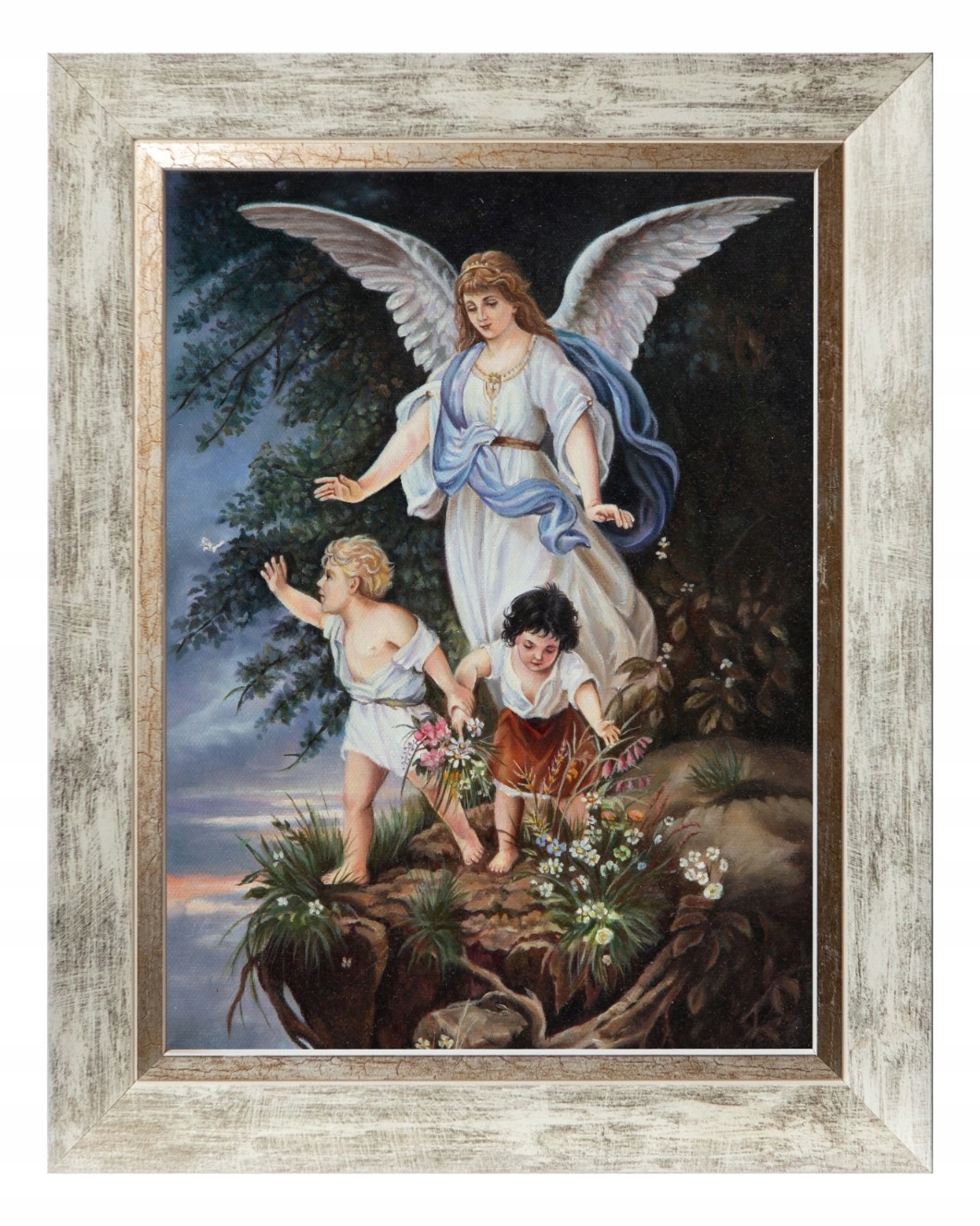 Anděl strážný Náboženský Obraz Na Plátně V Bílém Ozdobném Rámu 30X40