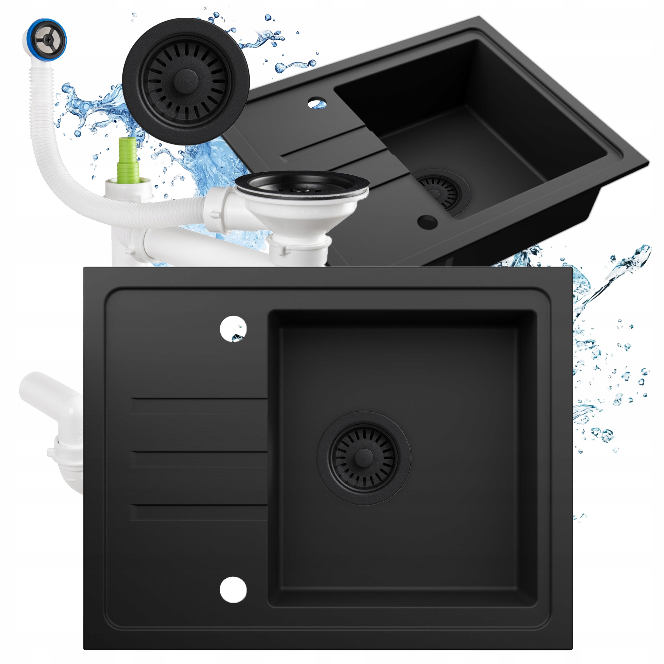 Dřez granitový, černý, jednokomorový, 55 x 44 cm s odkapávačem sifon