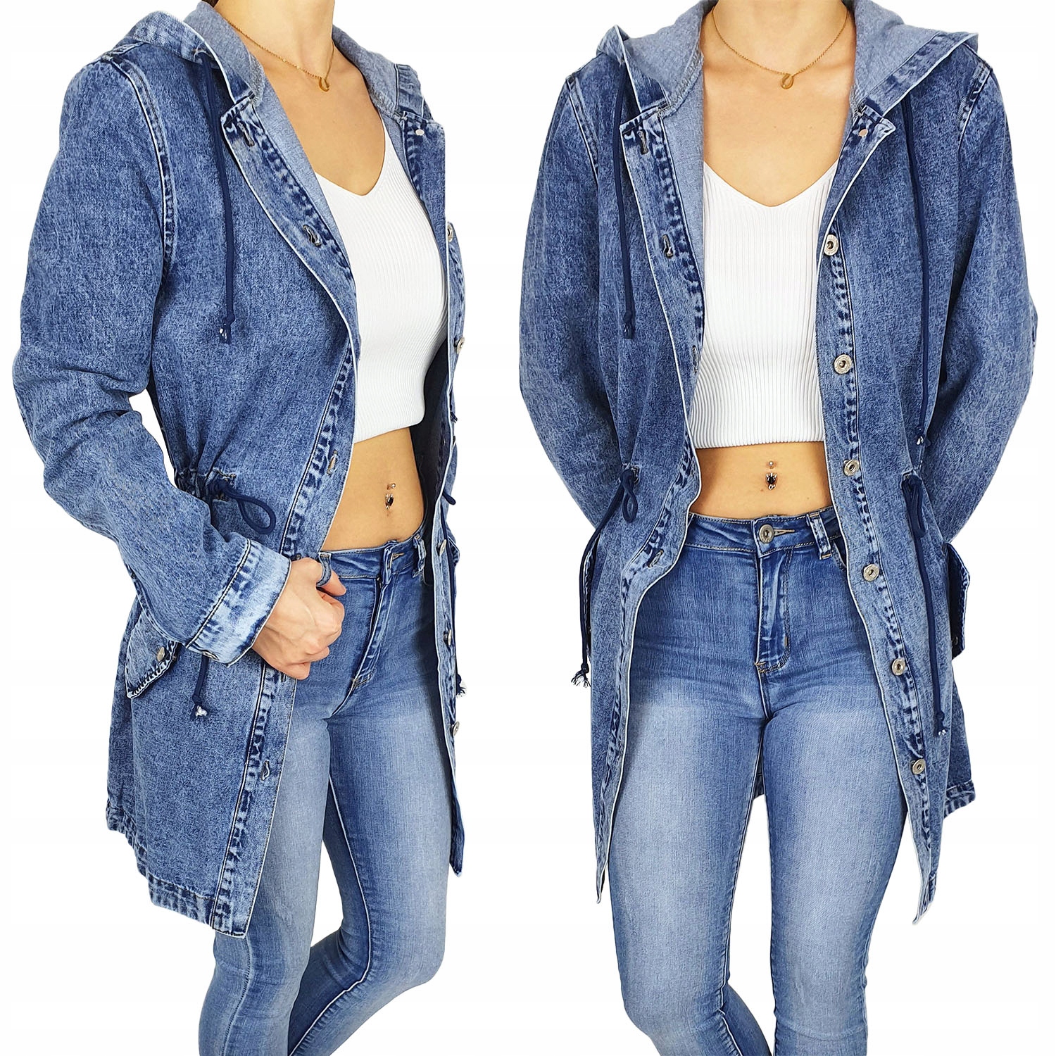 Dámská Džínová Bunda Dlouhá Parka Kapuce Plus velikost Size