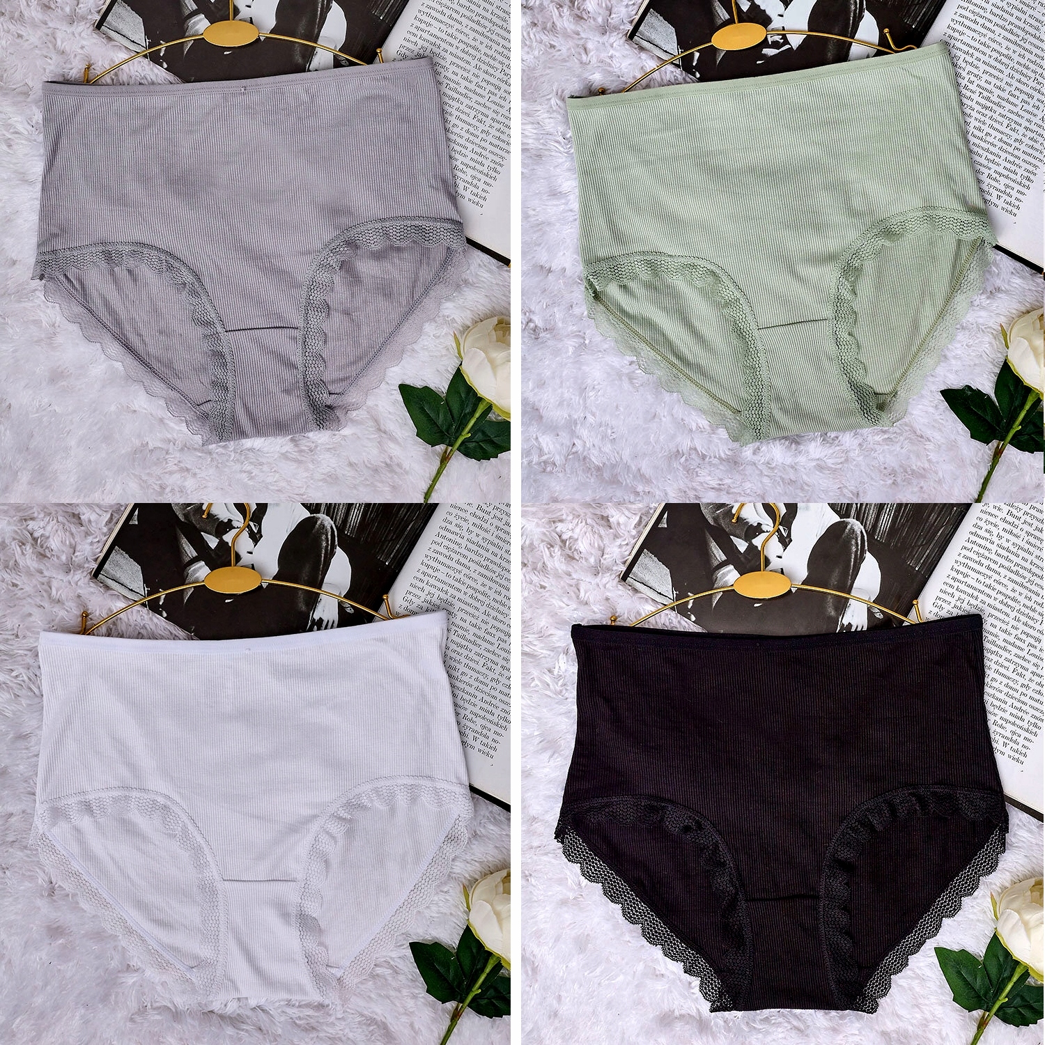 4x KLASYCZNE MAJTKI FIGI BAMBUSOWE Z WYSOKIM STANEM PRĄŻKOWANE 4/5XL Wzór dominujący bez wzoru