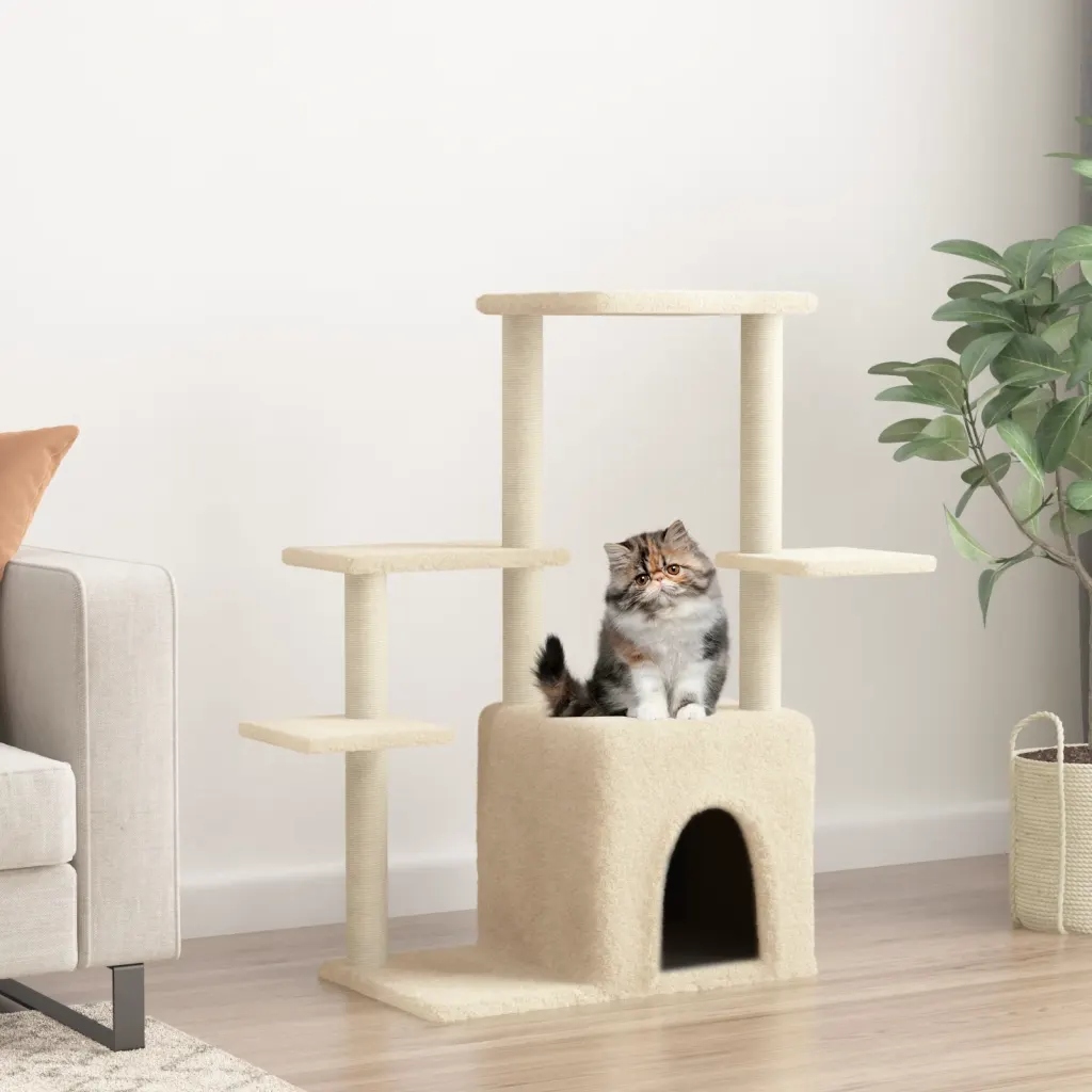 Levně Škrabadlo pro kočky se sisalovými sloupky krémové 97,5 cm