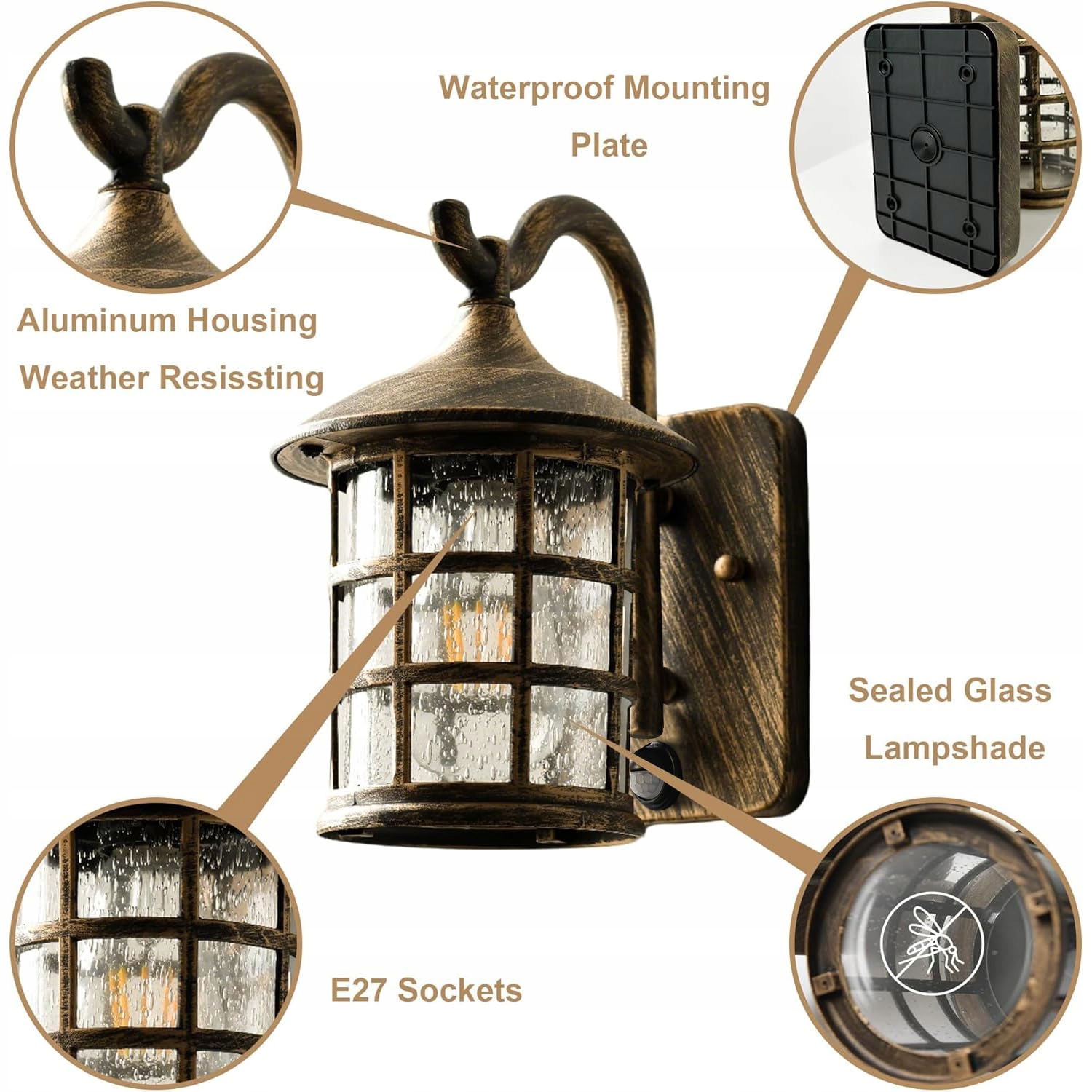 SUZNIU Lampa Zewnętrzna z Czujnikiem Ruchu Vintage E27 Bez Żarówki — miniatura 4