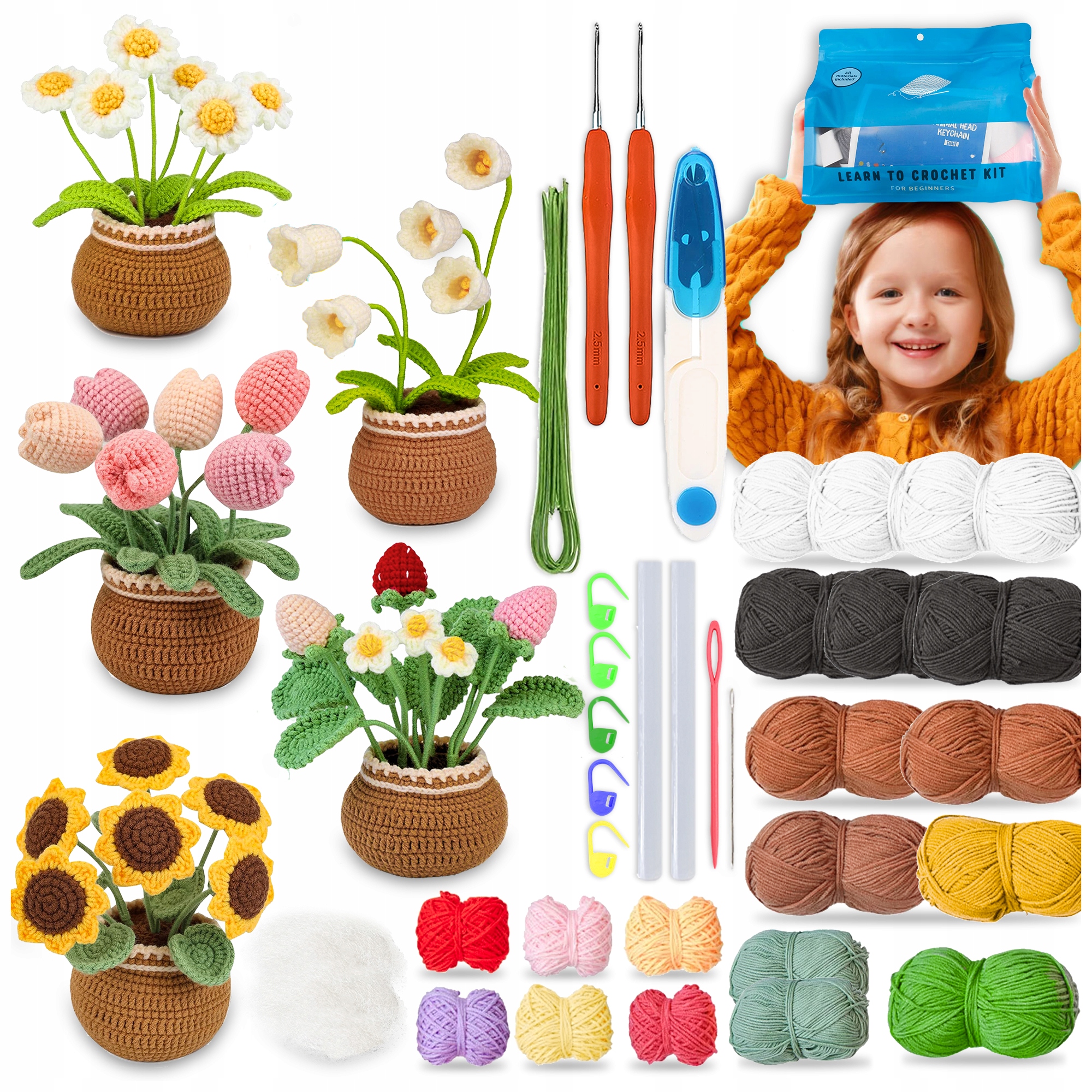 DIY KWIATKI ROŚLINY W DONICZKACH 5 SZT DO SZYDEŁKOWANIA ZESTAW + AKCESORIA