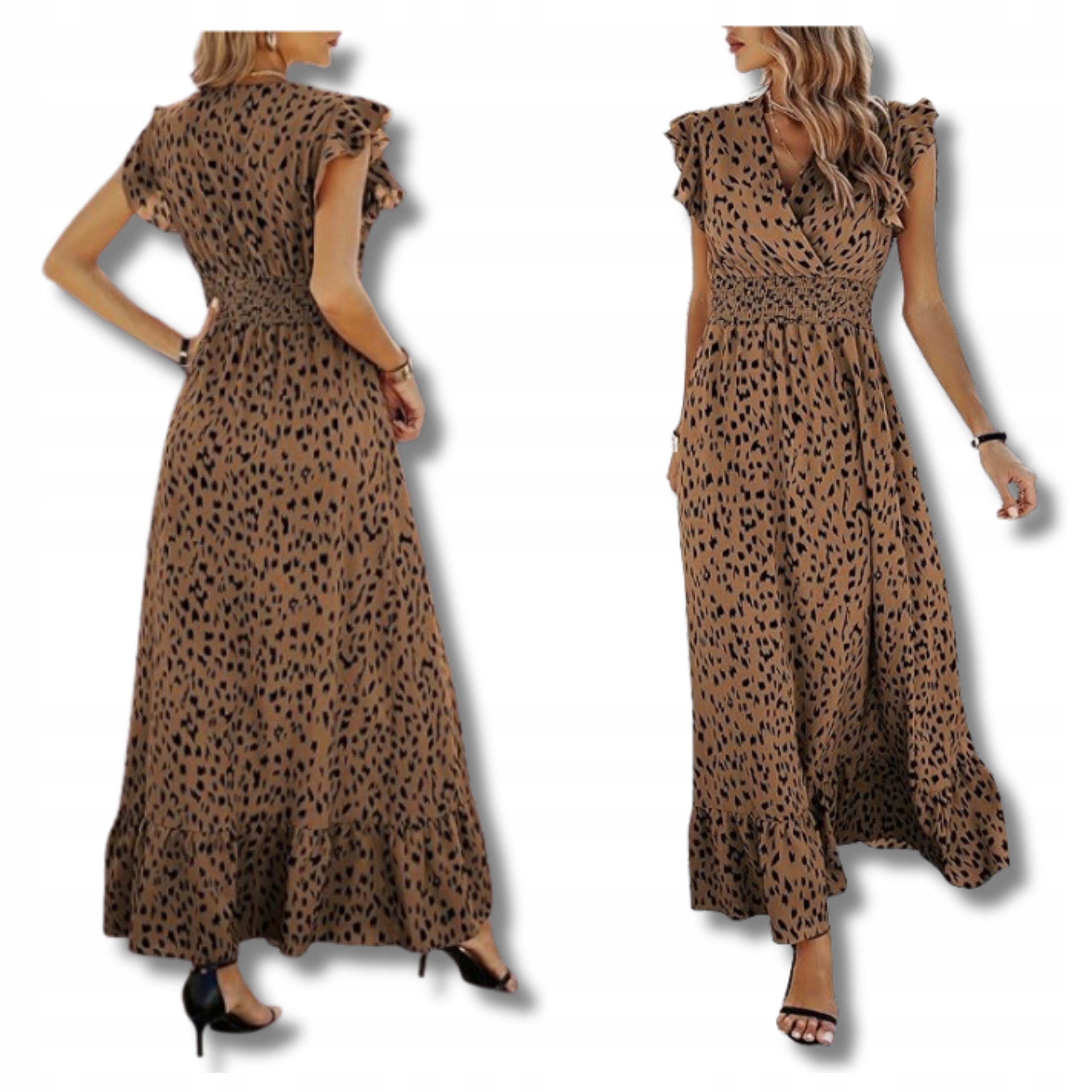 Letní Šaty Maxi vel. S Hnědé s černými vzory Vzdušná Šaty