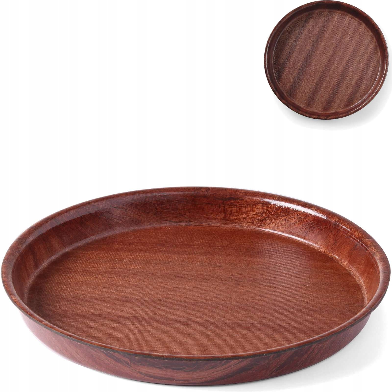 Dřevěný protiskluzový hluboký číšnický podnos s okrajem kulatý, průměr 42 cm