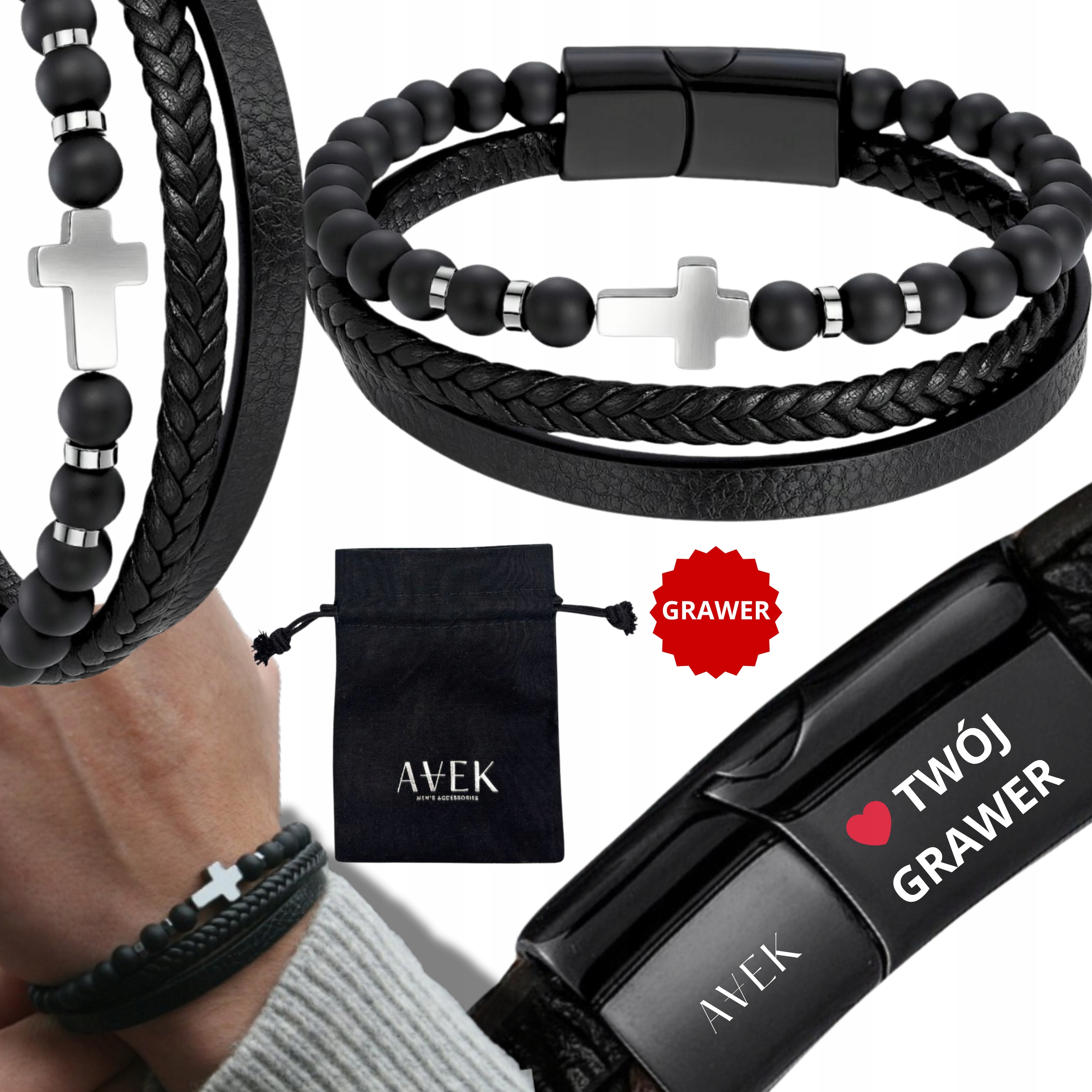 Pánský Kožený Náramek S Gravírováním Gravírování Černý Kříž Na Dárek 23 CM