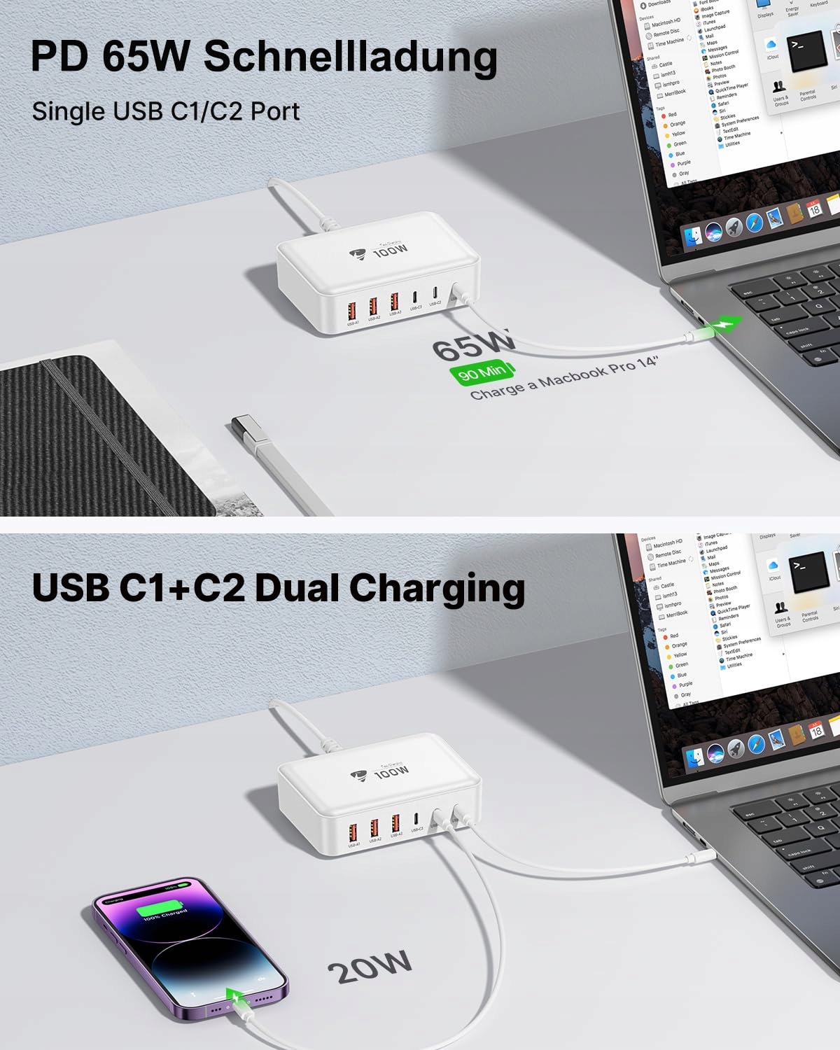 Aione USB C ŁADOWARKA 100W 6-Port do iPhone iPad MacBook — miniatura 4