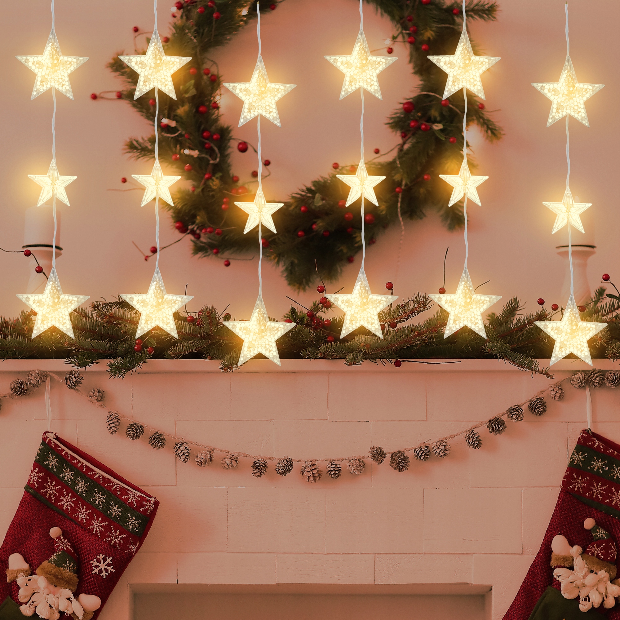 KURTYNA ŚWIETLNA LED GWIAZDKI ŚWIECĄCA GIRLANDA NA OKNO DO POKOJU ŚWIĘTA 3m Kolor lampek biały