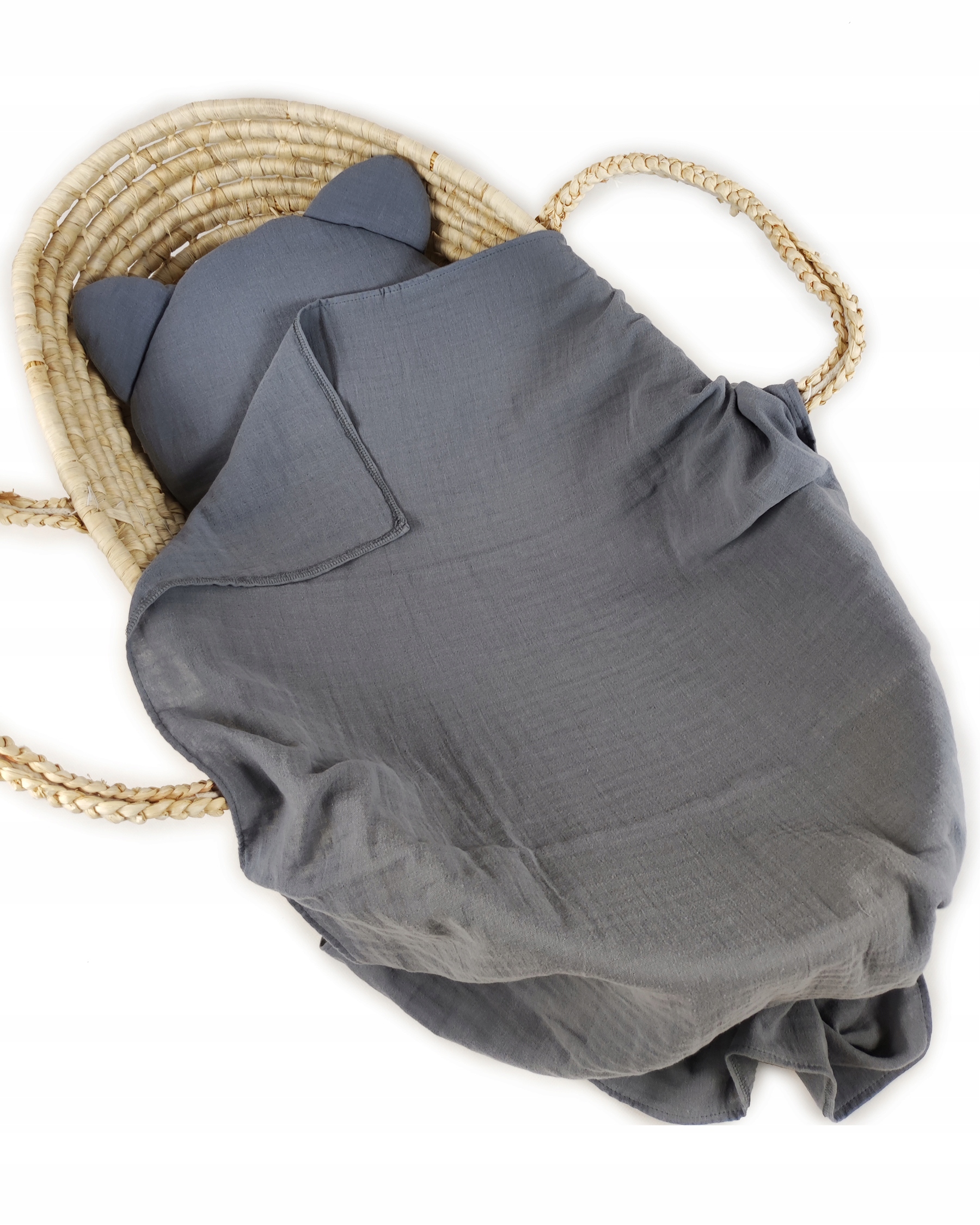 KOMPLET MUŚLINOWY PODUSZKA MIŚ I KOCYK SZARY