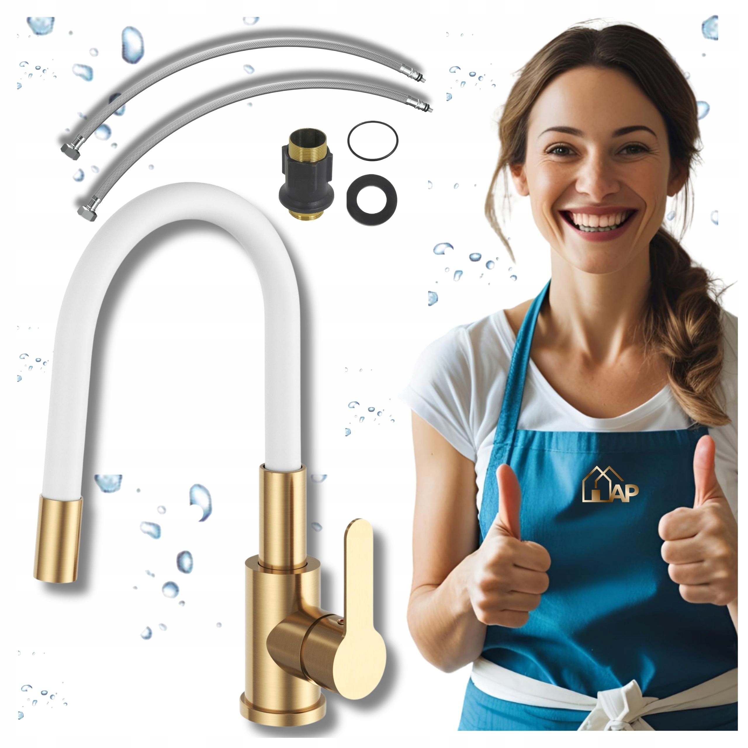 Kuchyňská baterie Stojící Bílo-zlatá do dřezu Flexibilní Ramínko Kohoutek Bílý