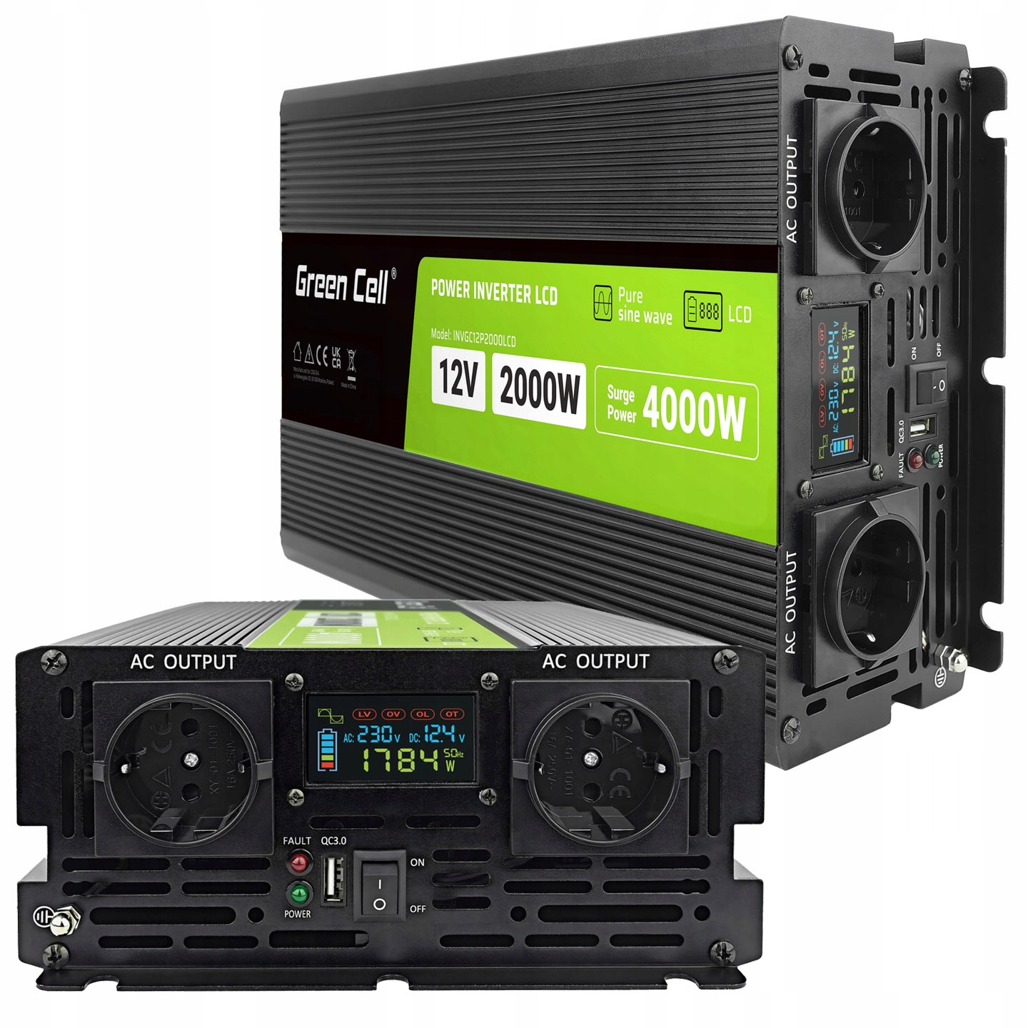 Měnič Napětí Automobilová Napětí S LCD 12V 230V 2000W 4000W Čistý Sinus