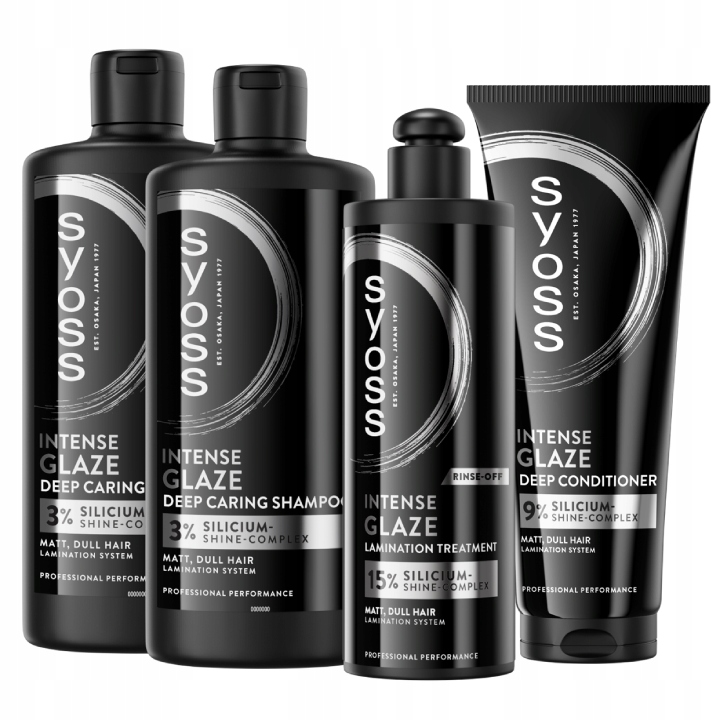 Syoss Intense Glaze Zestaw Laminacja Włosów Szampon Odżywka Kuracja 4szt