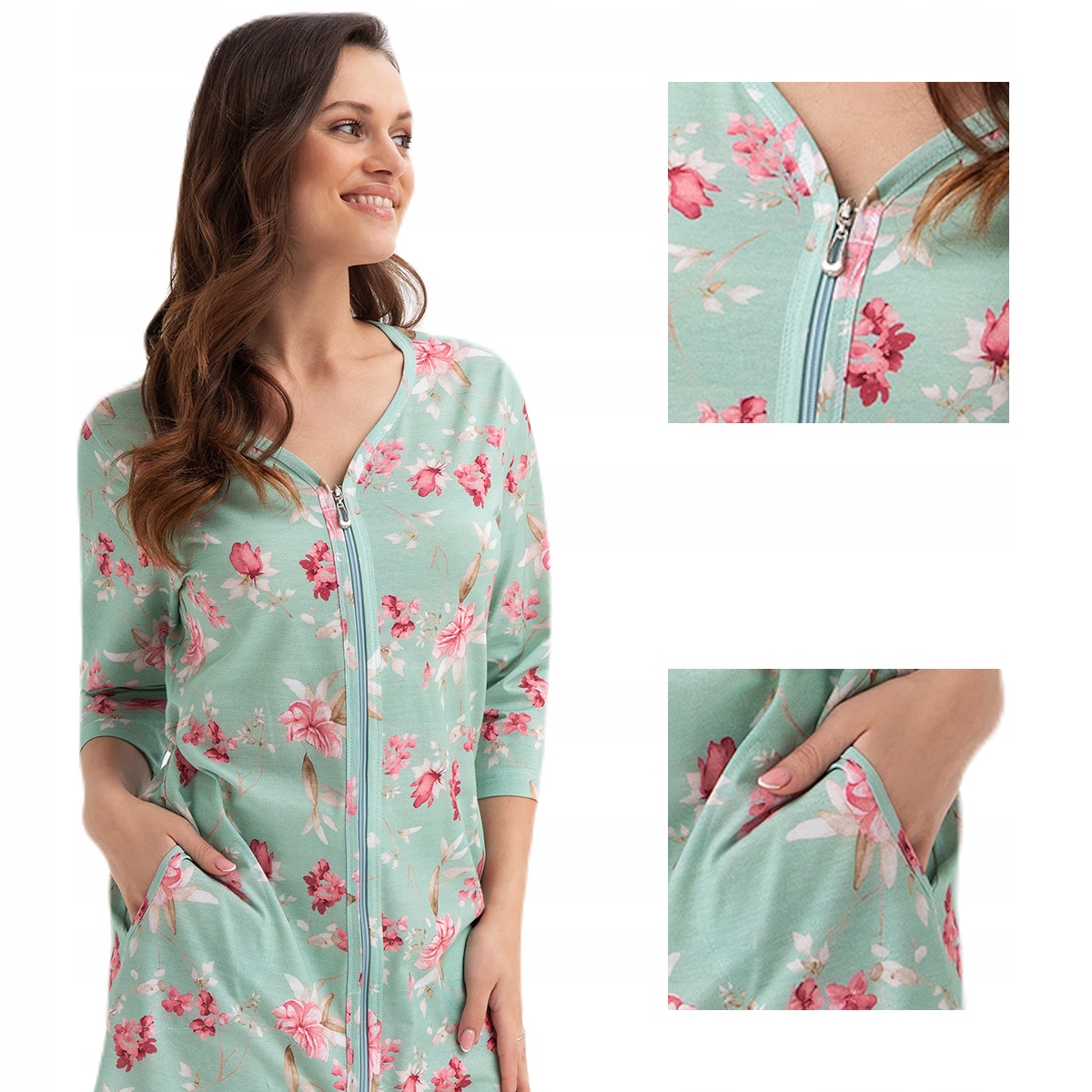 Dámský župan Luna kód 392 pistáciový s růžovými květy 3XL