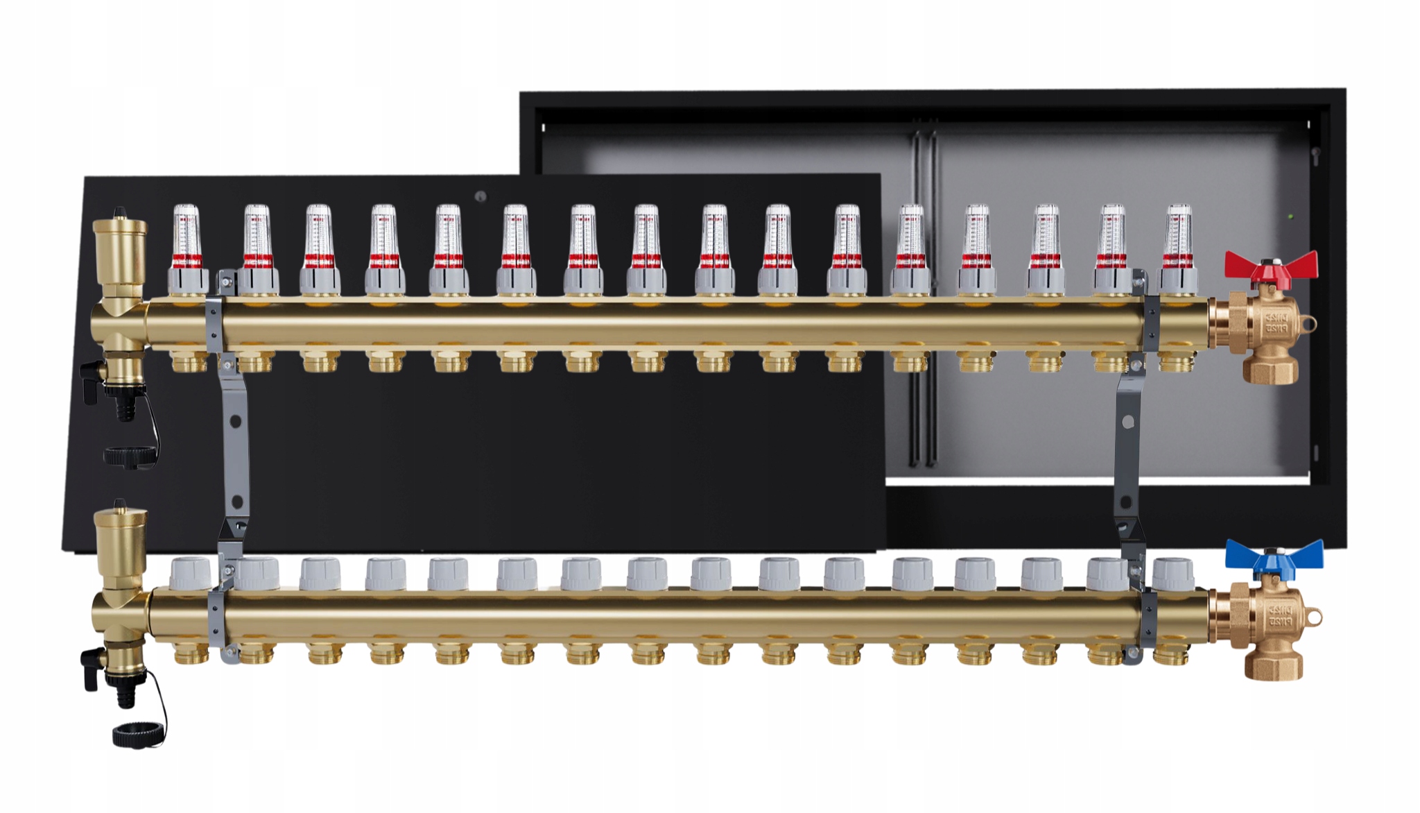 Rozdělovač mosazný podlahový 16 okruhů nástěnná skříňka černá ventily
