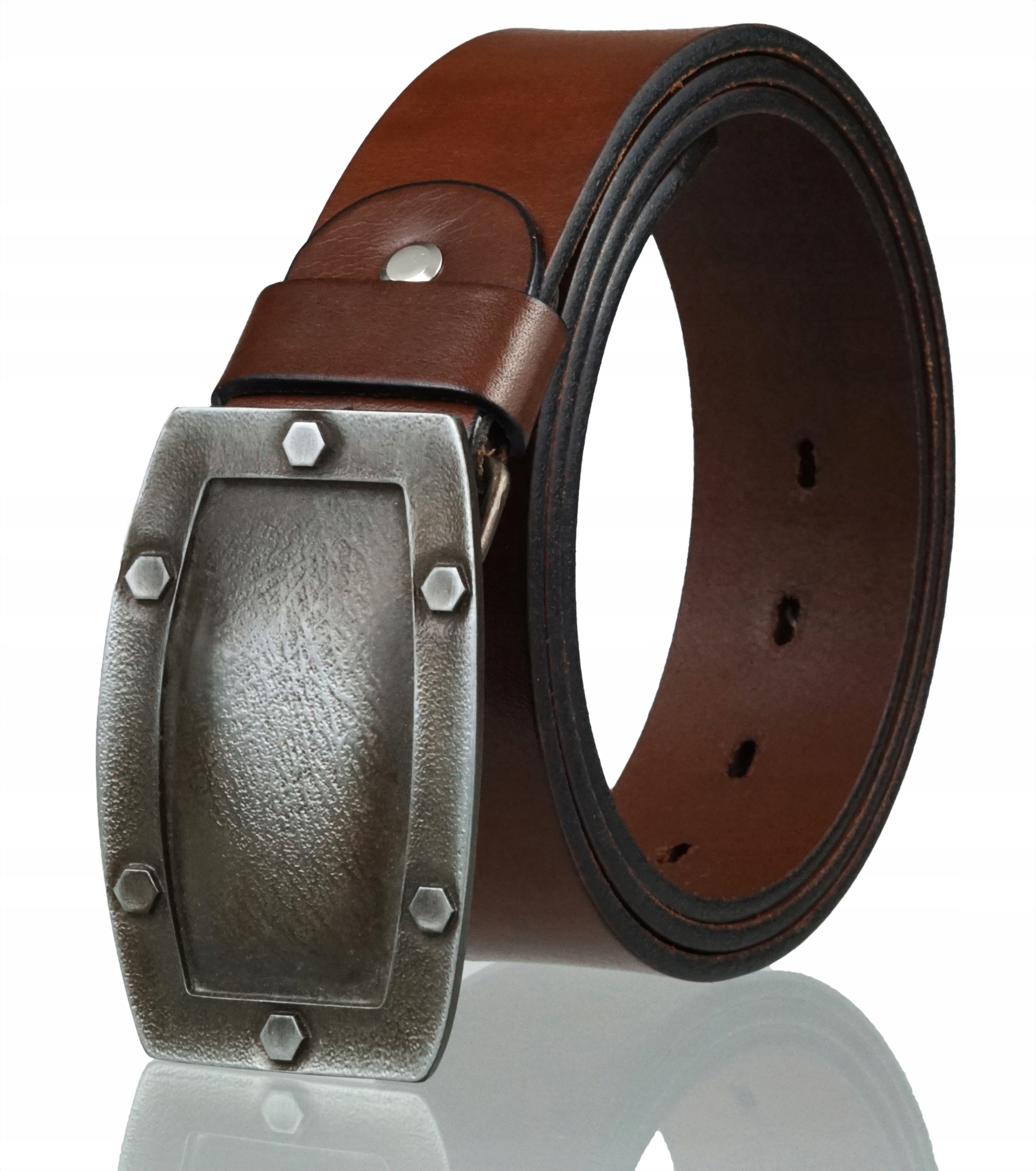 SKÓRZANY MĘSKI PASEK BLAKARDO 4CM BRĄZOWY ŚRUBY