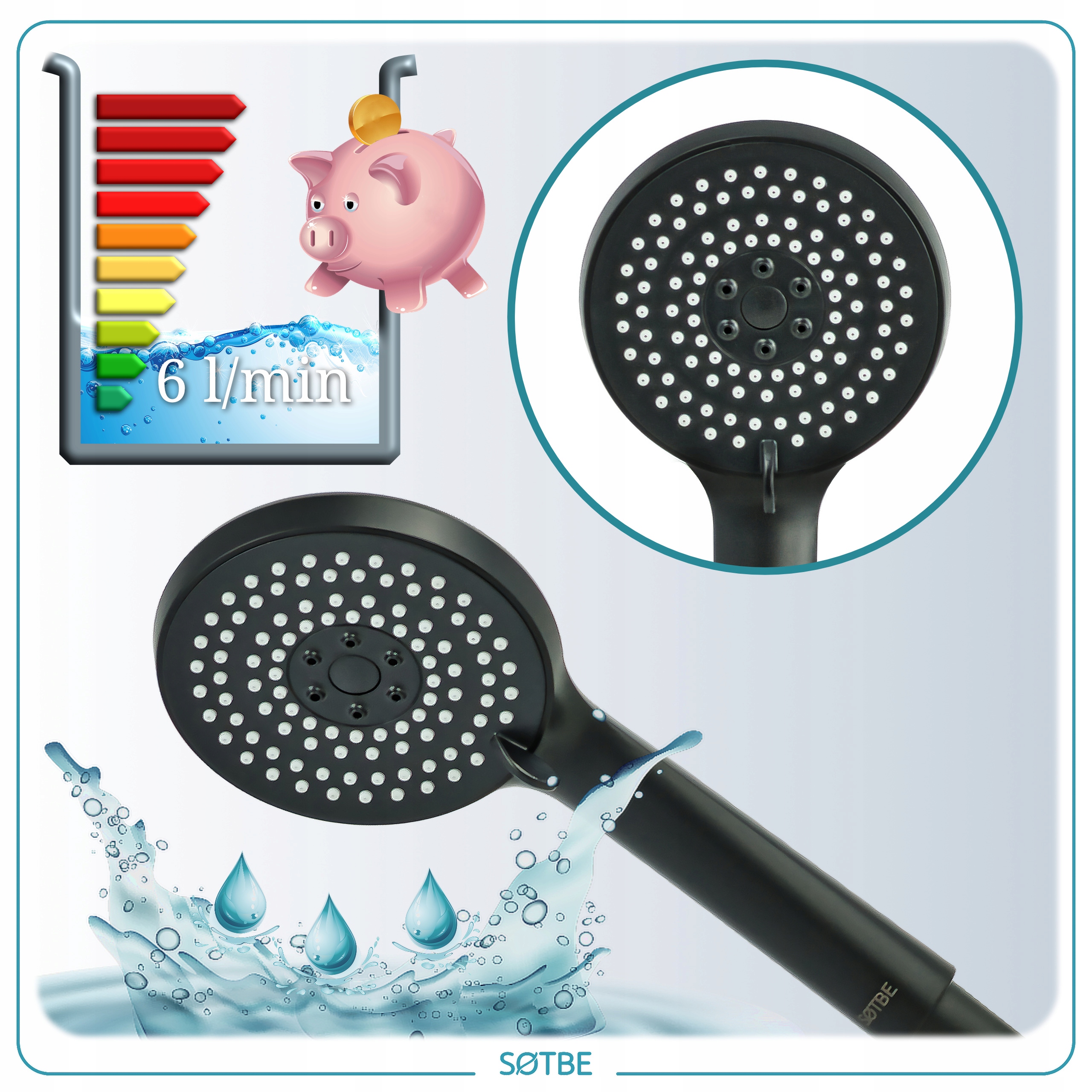 Słuchawka do prysznica 5 funkcji napowietrzona 6L/min ECO OSZCZĘDNA SOTBE EAN (GTIN) 5906800494276