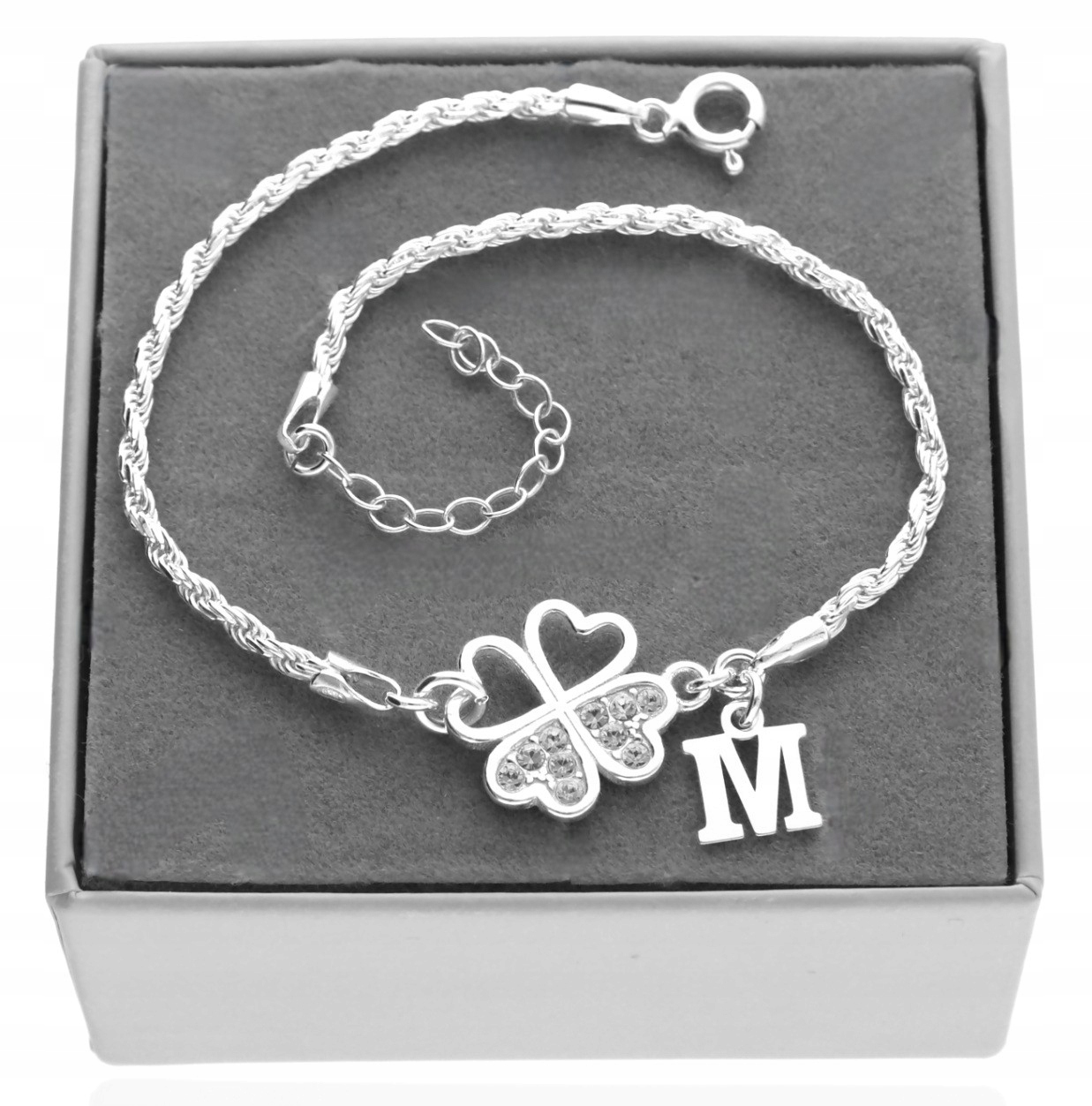 Stříbrný náramek s jetelem pro štěstí Písmenko Čtyřlístek stříbro 925